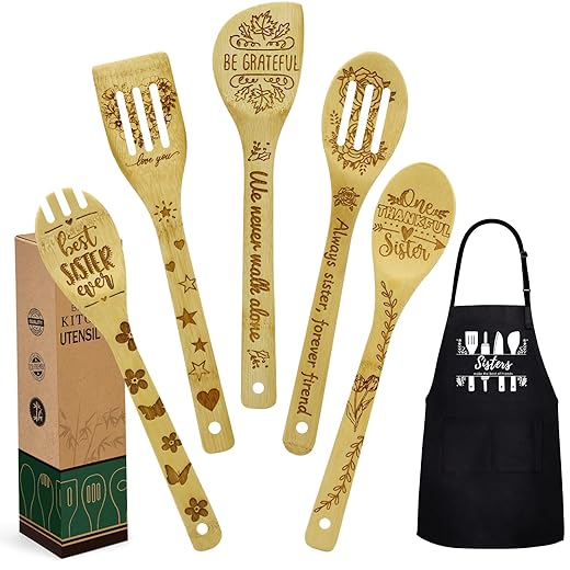 Birthday Christmas Gifts for Sister, Kitchen Cooking Utensils Set include Unique Bamboo Cooking Spoons Apron, Mother's Day Gift Idea for Sister
