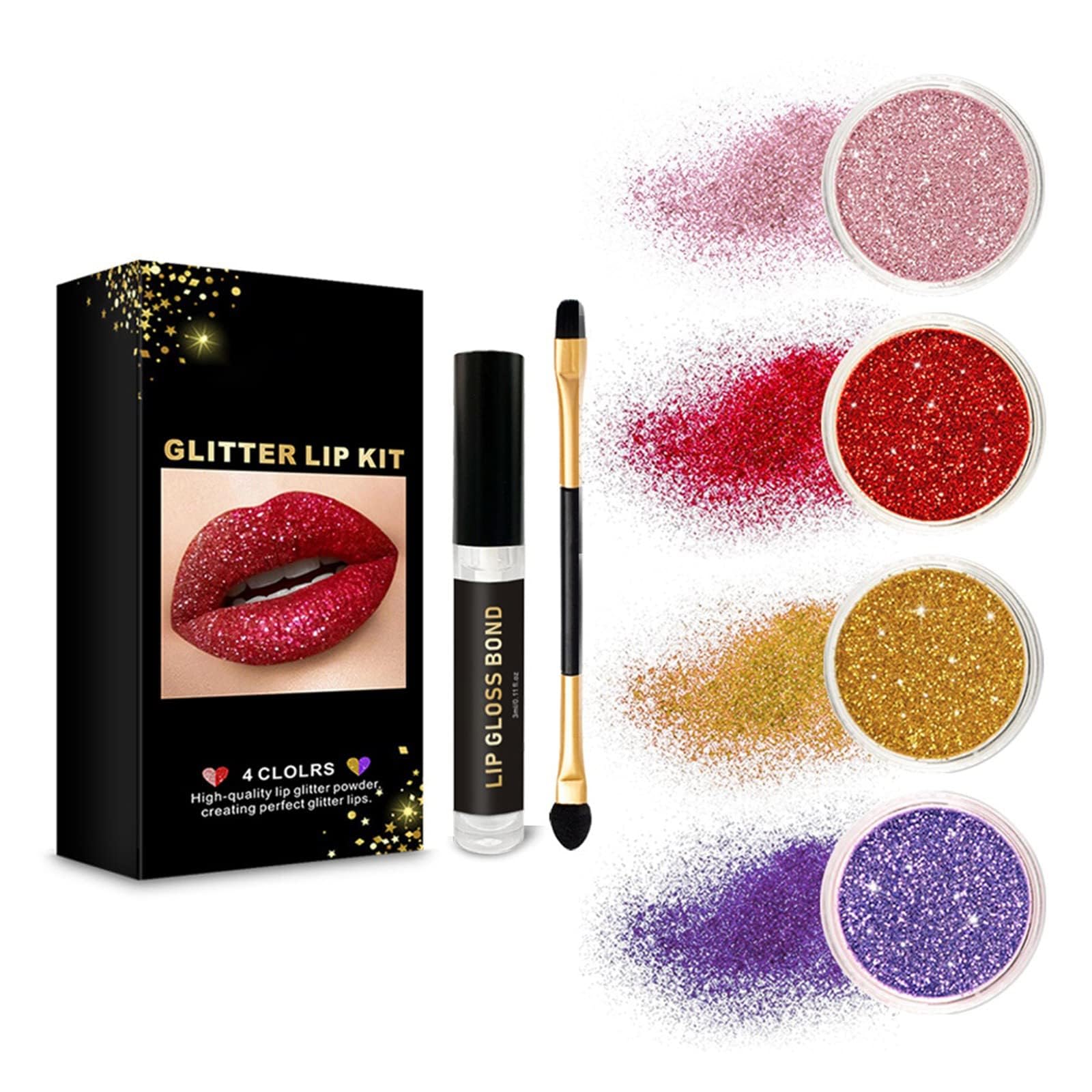 4 Colors Glitter Lip Kit, Metallic Shimmer Glitter Powder for Lip Gloss Making, Waterproof Long-lasting Glitter Powder Kit with Primer and Brush Set for Nails Art