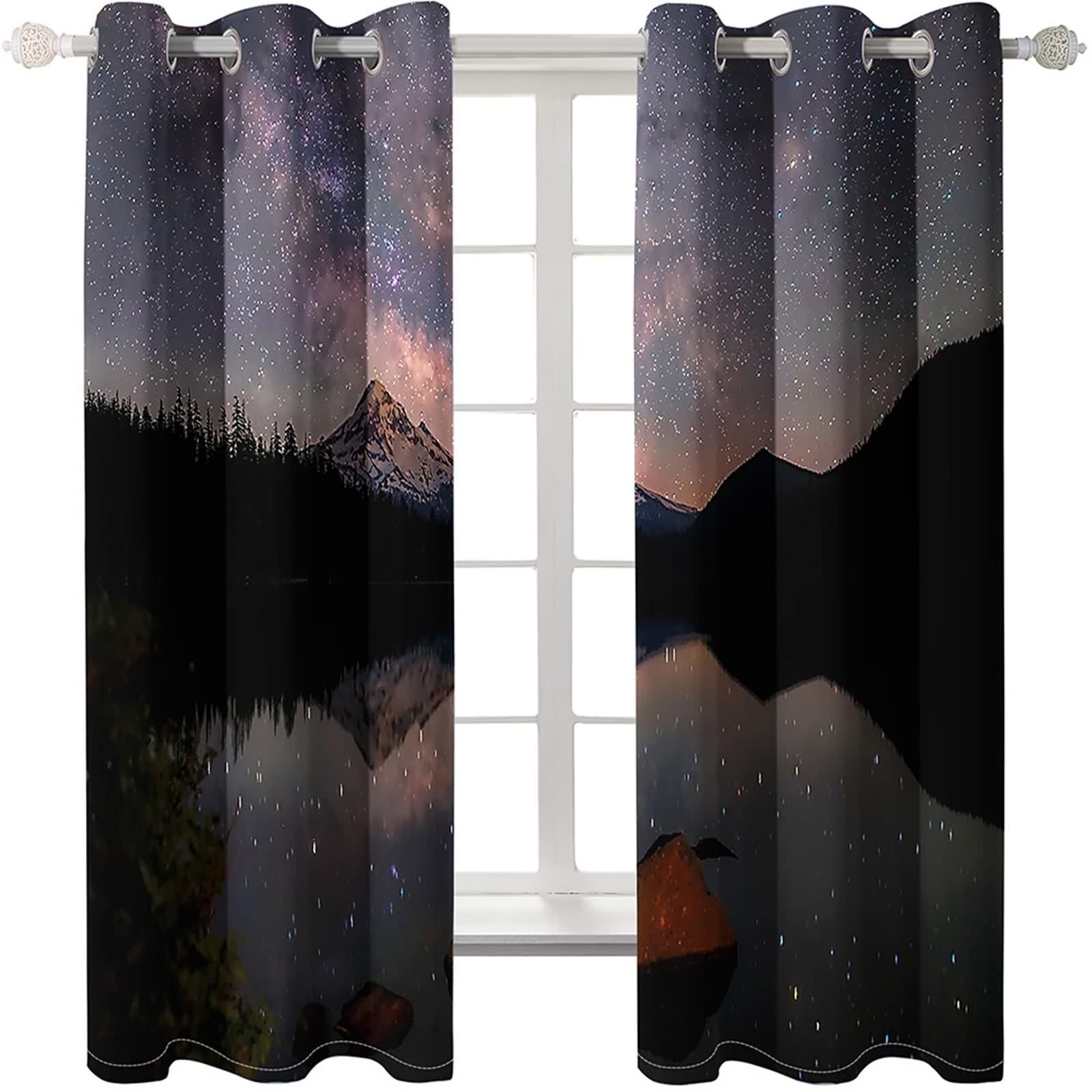 Rideau Noir Anniversaire, Rideau Occultants Polyester Lac Montagne Ciel Étoilé 102L x 229H CM Lot de 2