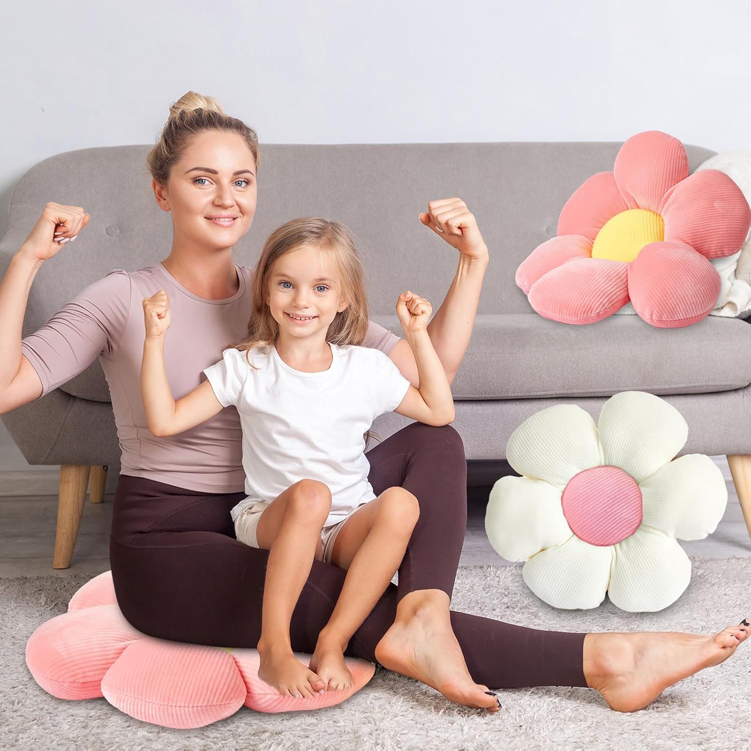 Reginary 4 Pcs Flower Floor Pillows Cute Plush Flower Throw Pillows Daisy Floor Seat Cushion Chair Pads for Back to School First Day of School for Sofa Couch Bed Decor(15 Inch,Light Color)