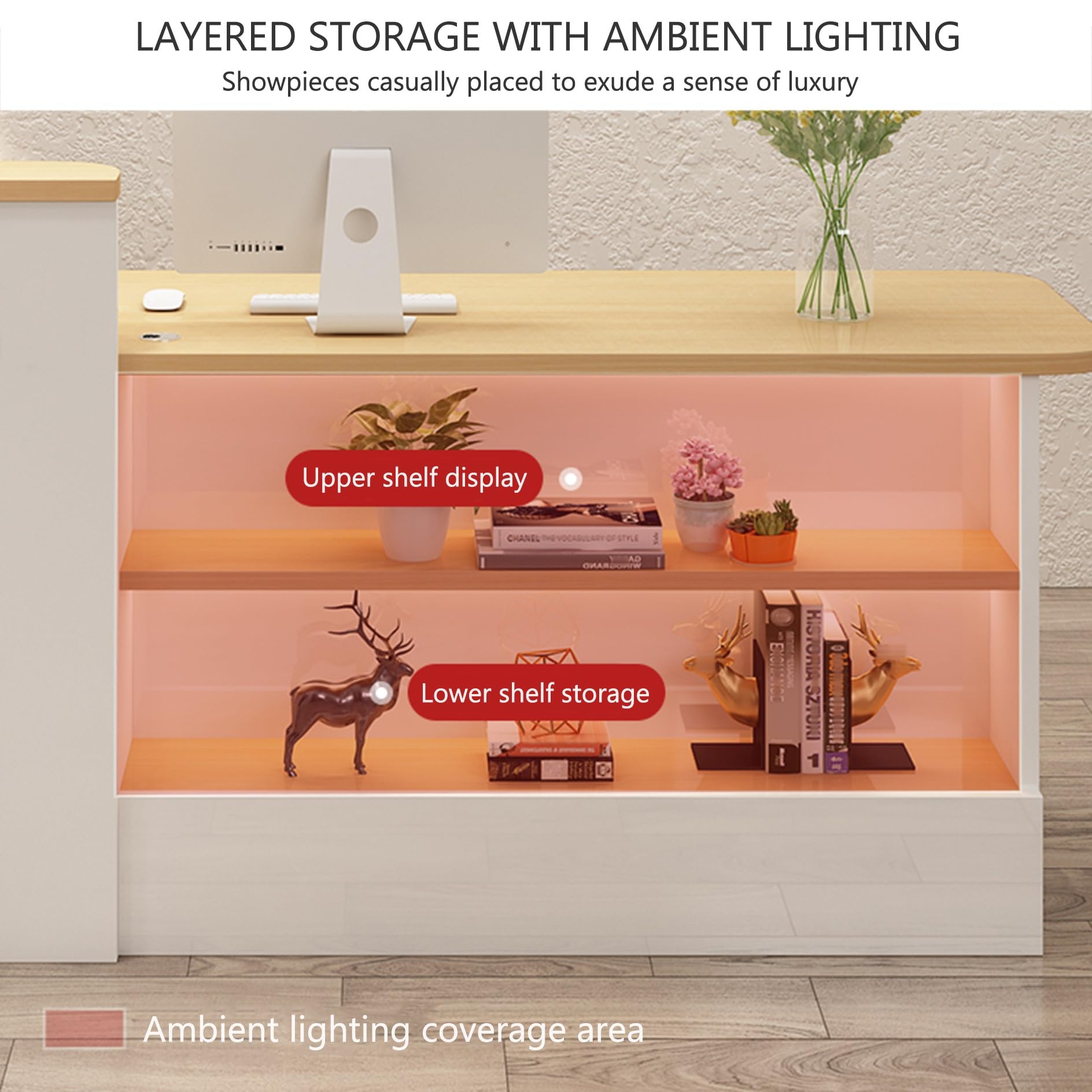 Bancone da scrivania con illuminazione a LED, moderno bancone con segretaria di archiviazione, elegante armadietto più carino per salone, parrucchiere, ufficio, gestione dei cavi migliorata