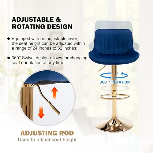 Miniatura 5 de Kiztir Juego de 4 taburetes de bar de terciopelo dorado, taburetes de bar ajustables con respaldo y reposapiés, taburetes de bar giratorios dorados