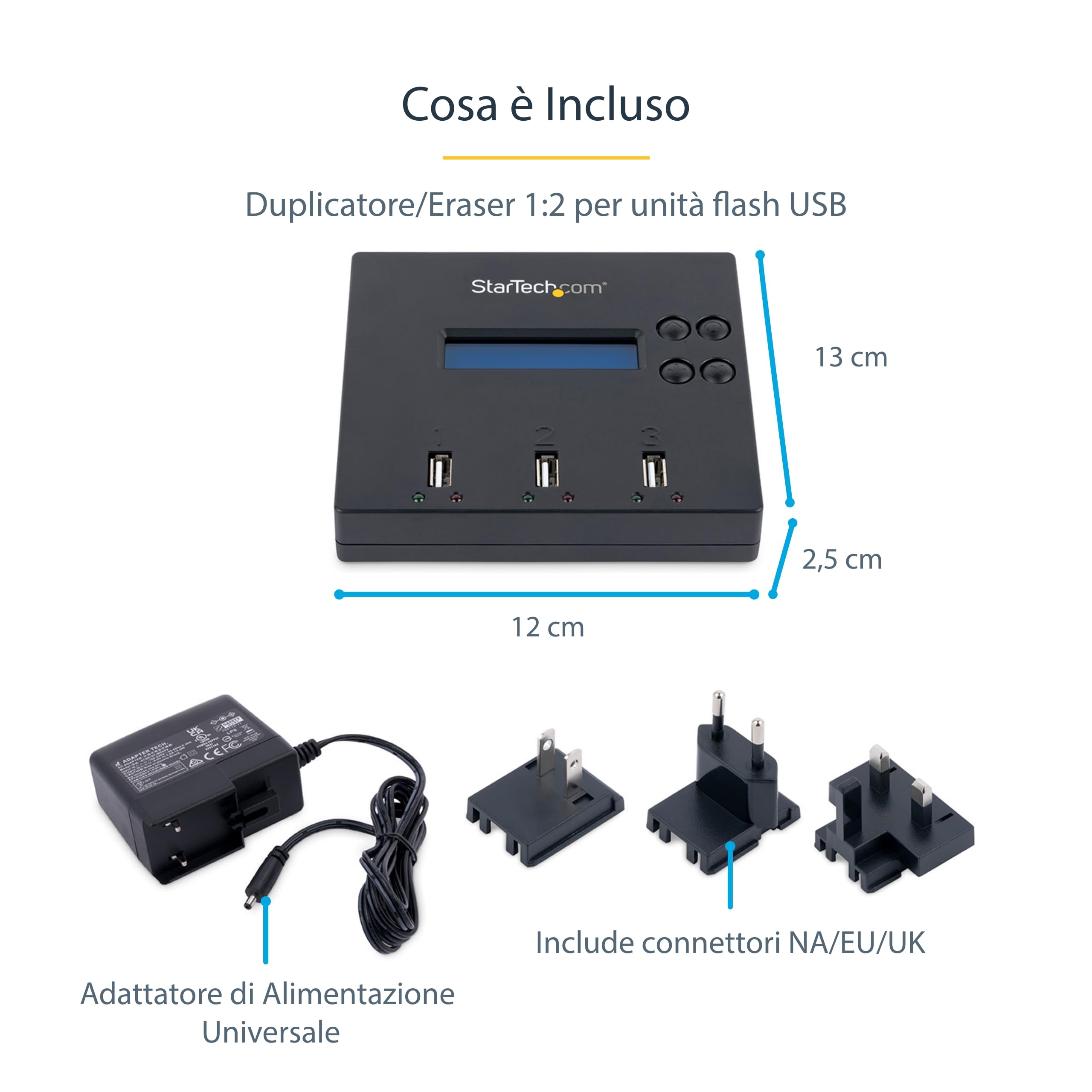 StarTech Duplicatore Clonatore e Cancellatore USB 1:2 per Chiavette, LCD | Cancellazione a 3 Passaggi, Standalone senza PC, Copia del Sistema