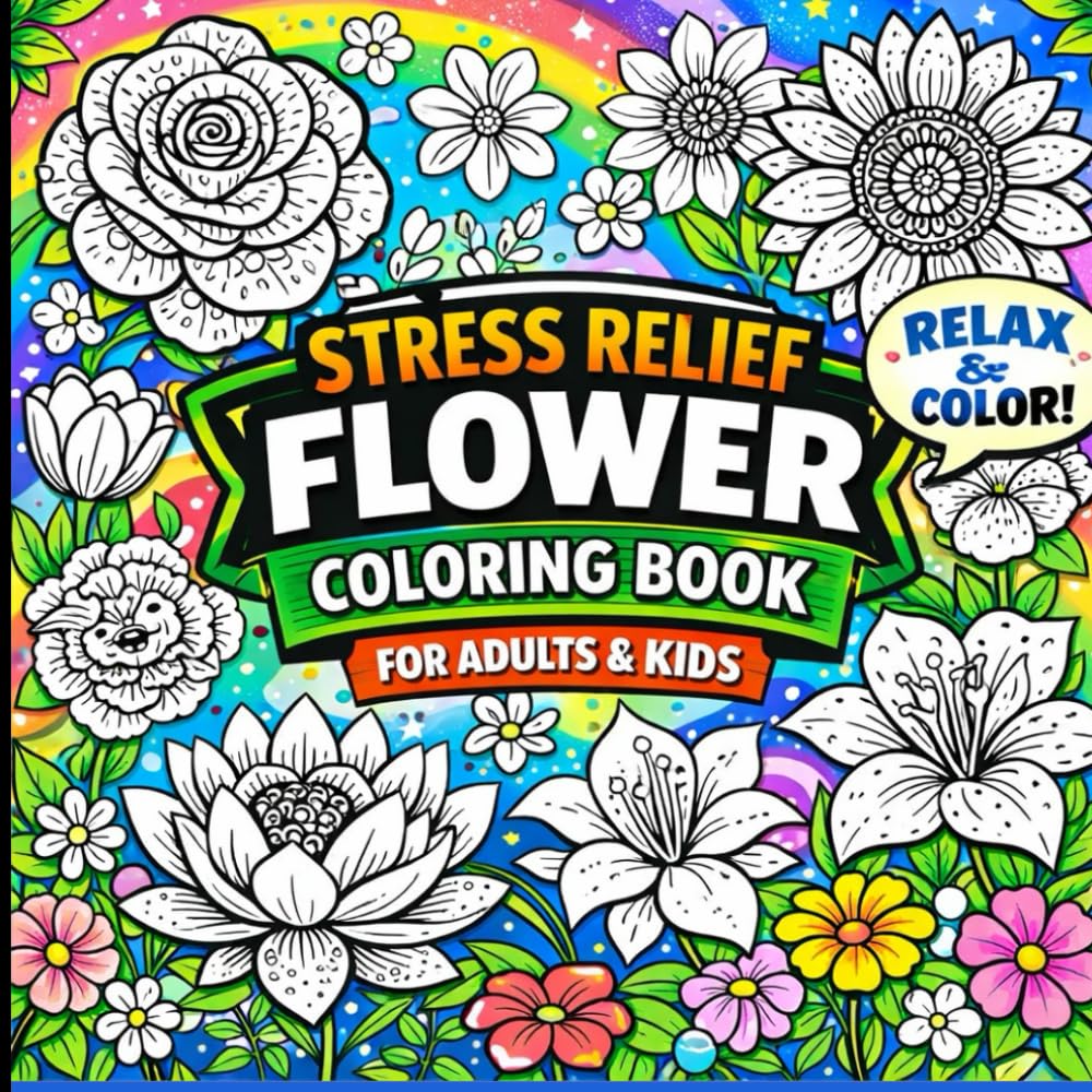 Stress Relief Flower Coloring Book For Adults and Kids: Bold & Easy Monoline Flower Designs for Relaxation, Mindfulness, and Stress Relief for Adults & Kids
