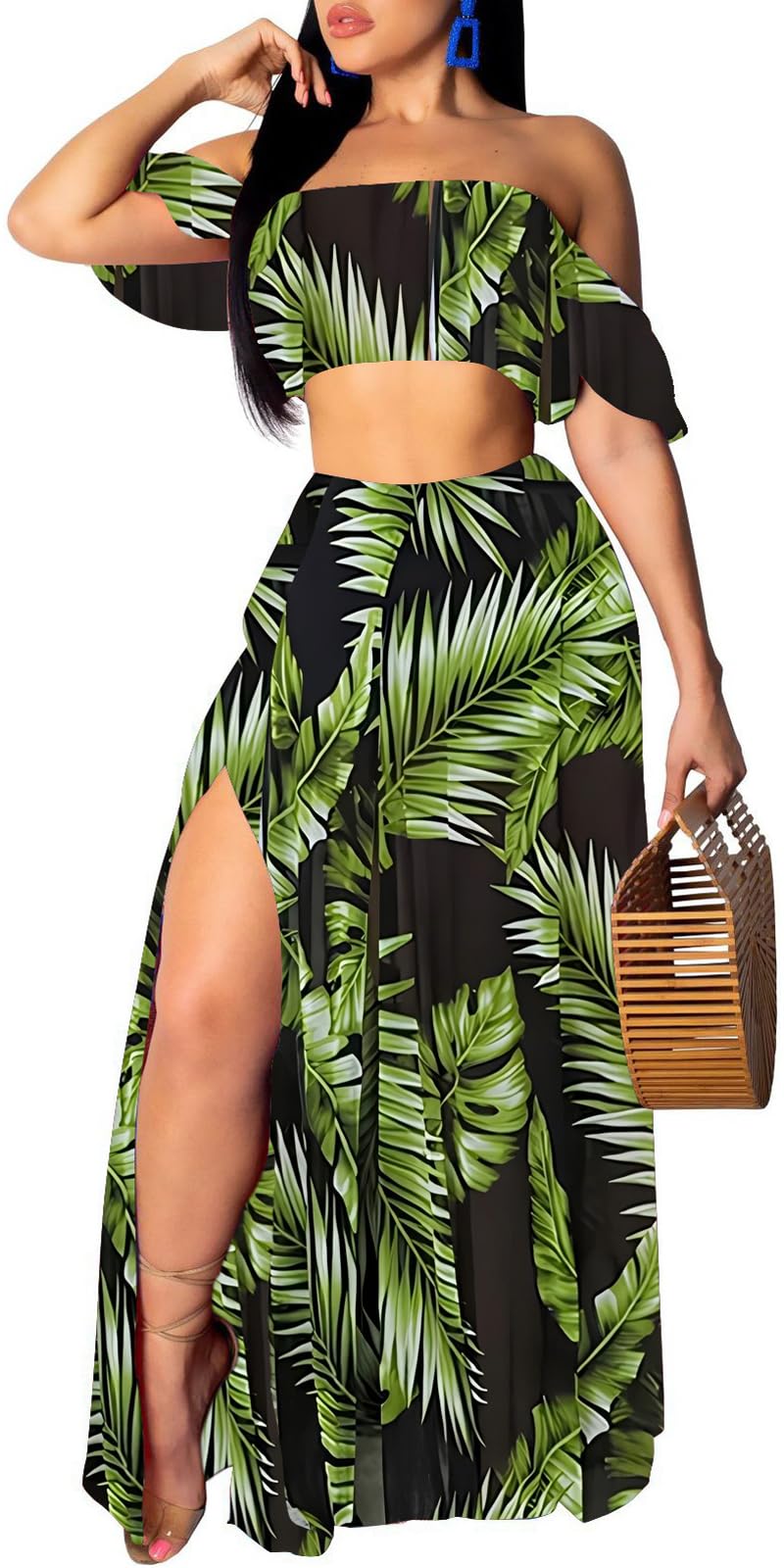 SxClub Women's Beach Dress 2 Piece Off Shoulder Top Long Maxi Skirt Sets