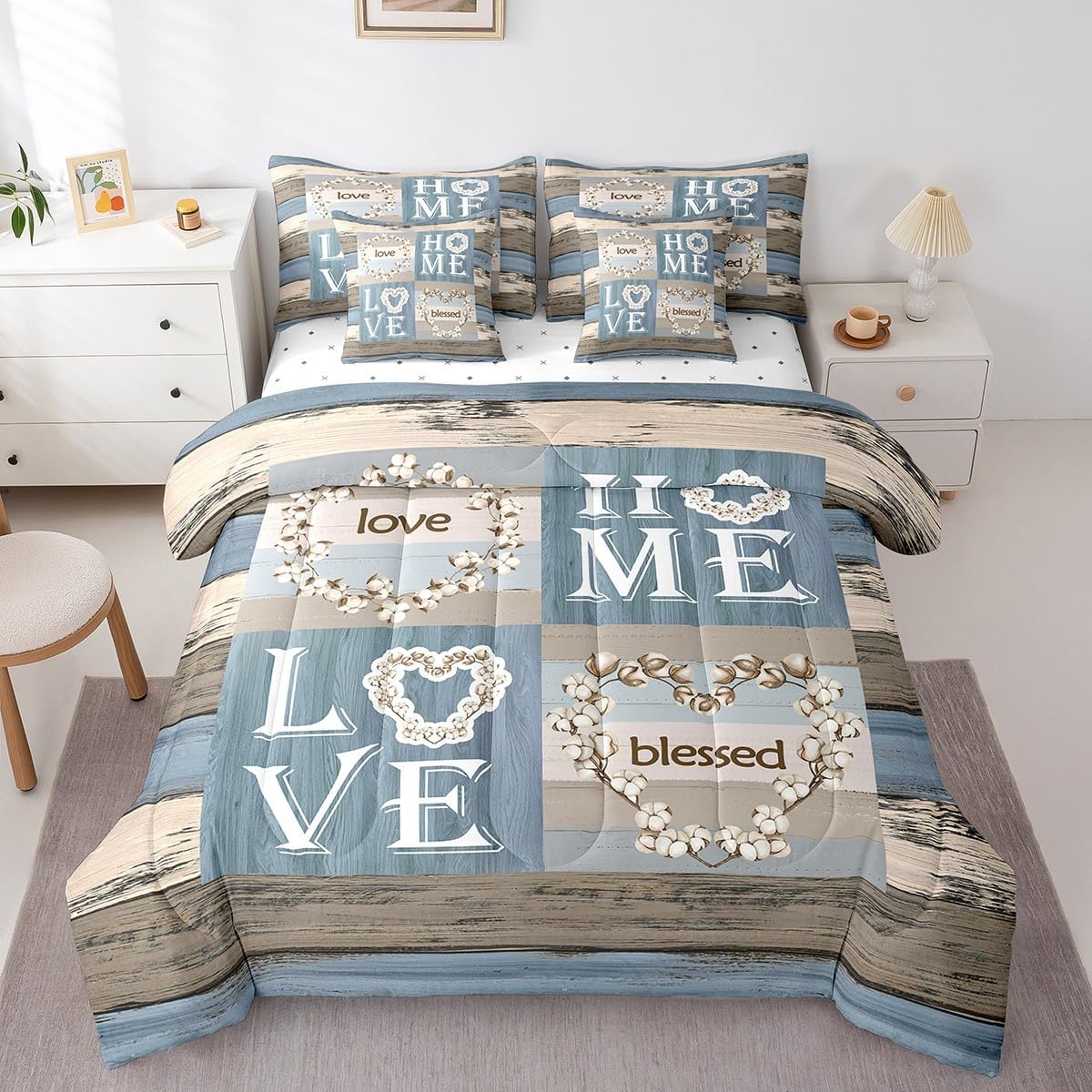 Feelyou Vintage Floral Flower Comforter Set Queen 7 Pieces Sweet Love Western Farmhouse Bedding Set Rustic Country Wood Plank Cotton Bed in a Bag with Comforter, Sheets, Pillowcases & Cushion Cover