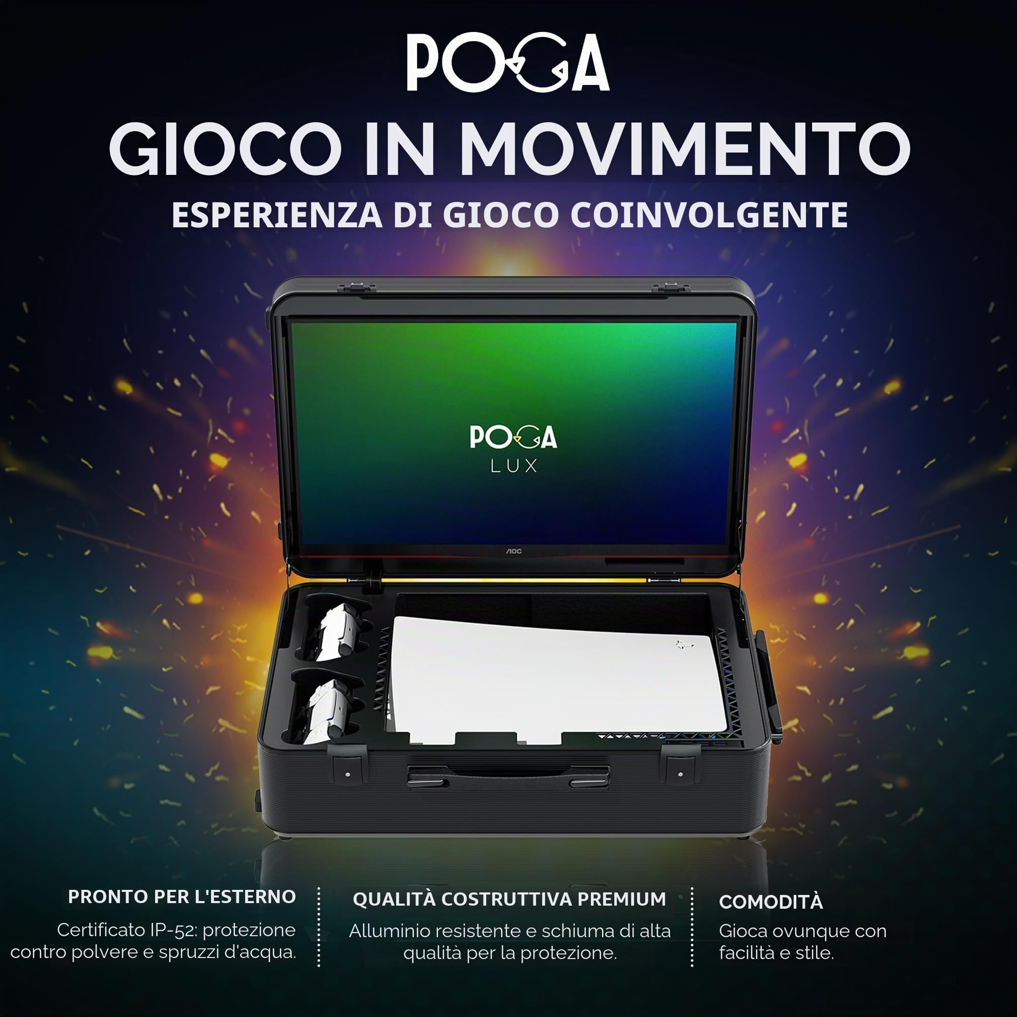 POGA Lux Black - Custodia da gioco (compatibile con PlayStation 5), valigia da viaggio con monitor da gioco AOC da 24'' e carrello - Nero