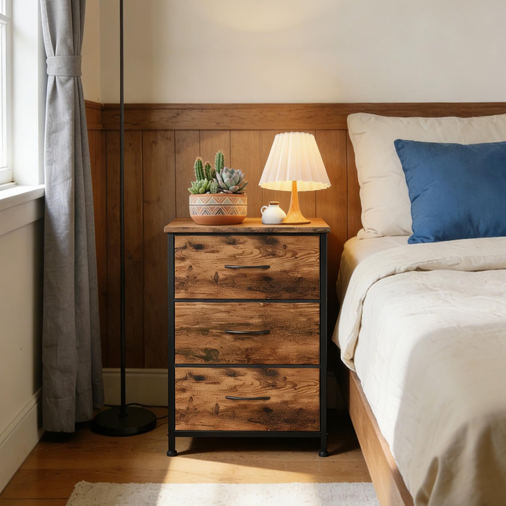 Commode étroite 3 tiroirs en Tissu Amovibles, Meuble de Rangement Gain de Place Style Grain de Bois - Cadre en métal - Pieds réglables - Montage Facile - Rétro + Noir