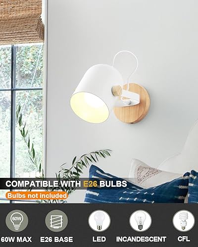 Miniatura 2 de BinoBro Aplique de pared moderno negro, luces de pared de madera giratorias, apliques de tocador de baño con pantalla blanca mate, adecuado para