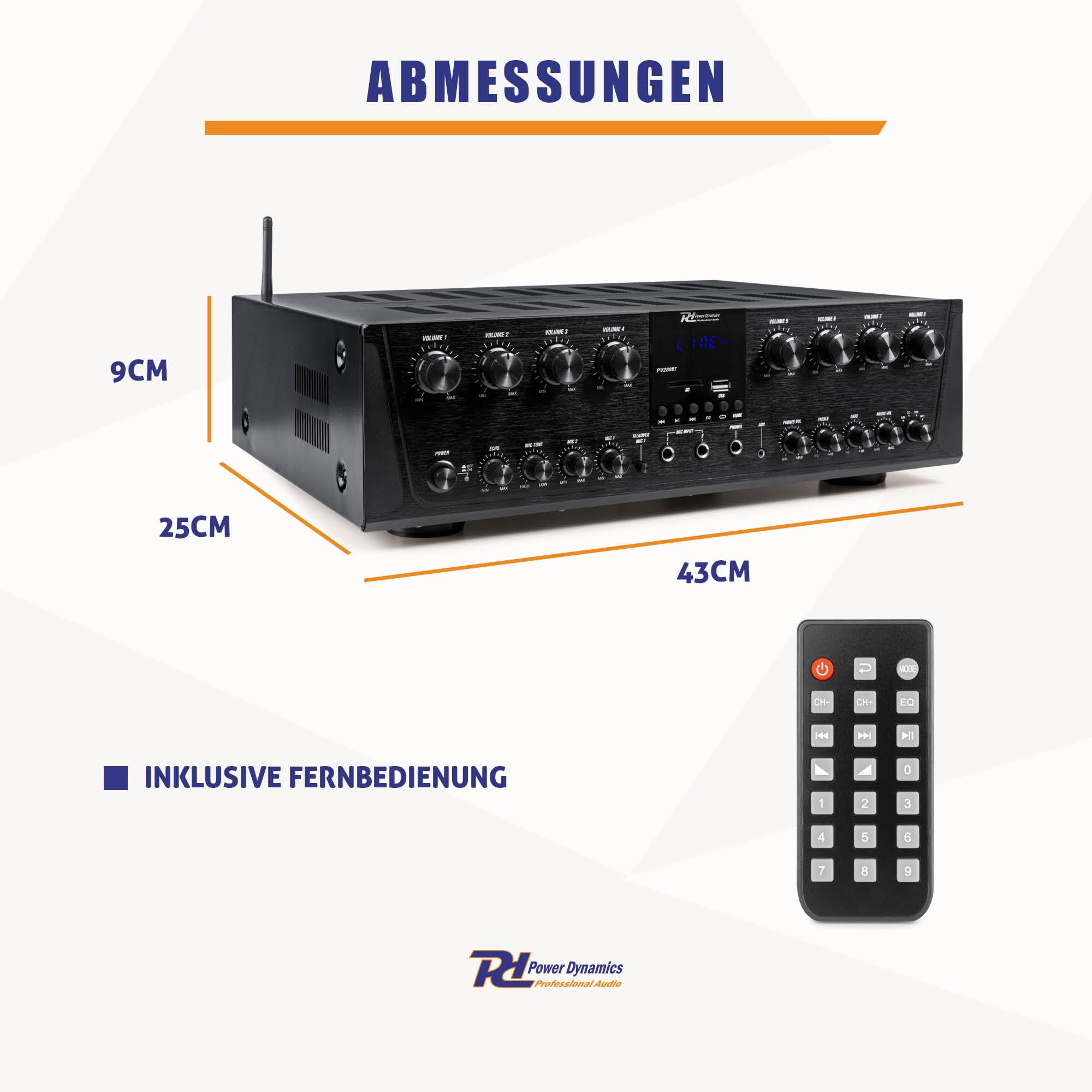 Power Dynamics PV280BT Verstärker mit Bluetooth - 8 Kanal Bluetooth-Receiver mit 800 Watt Leistung, MP3-Player, FM Radio - für Karaoke geeignet, inklusiv Fernbedienung - Schwarz
