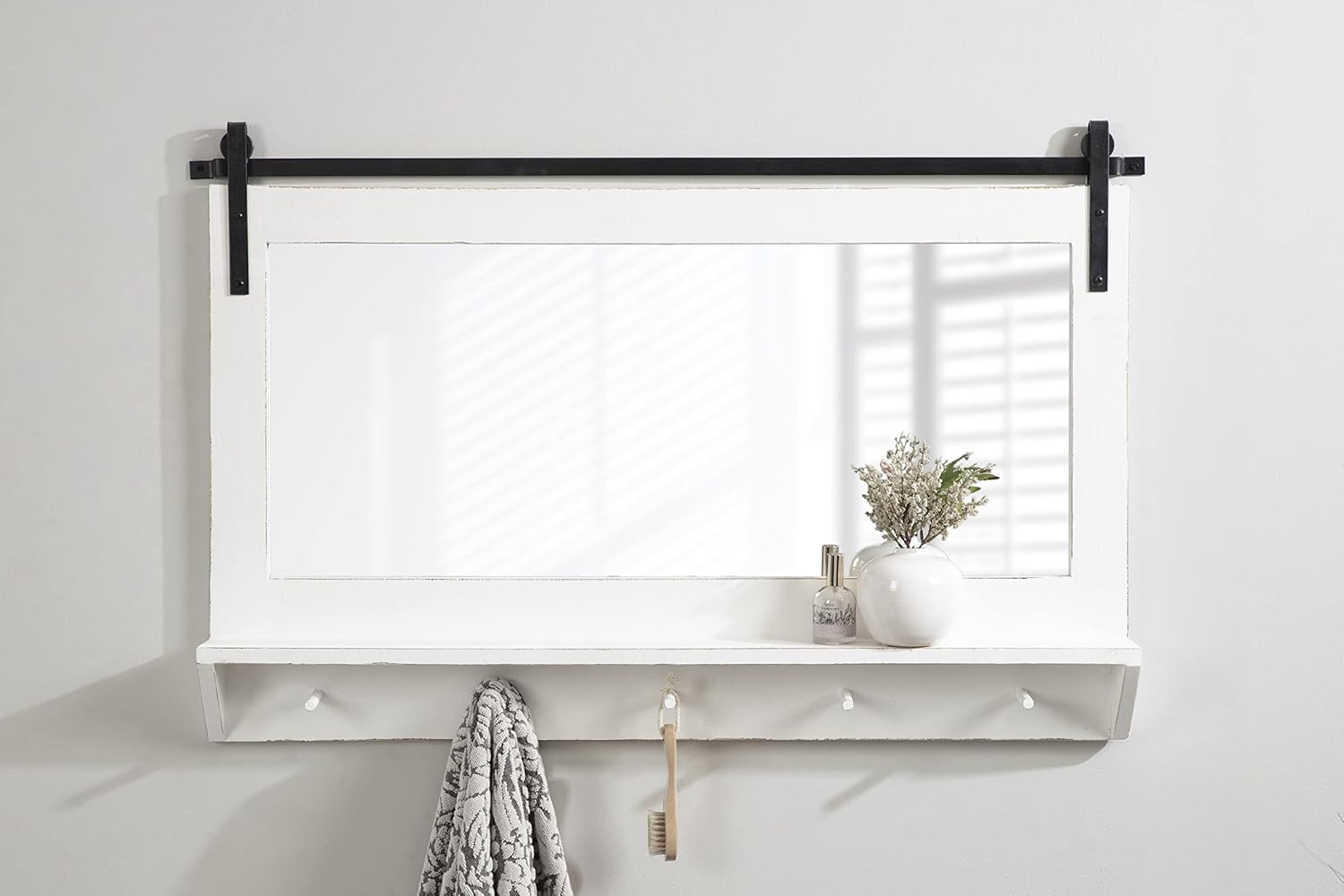 Kate and Laurel Cates Farmhouse Horizontal Pub Mirror with Shelf and Hooks, 42 x 27, White, Decorative Coastal Wall Mirror with Rustic Functional Storage