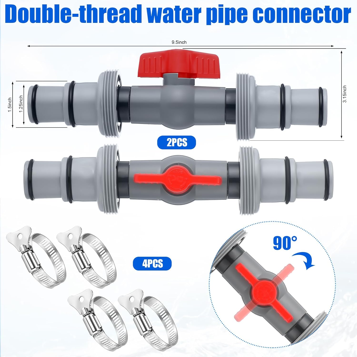 2 Sets Pool Hose Connector, 1-1/4" or 1-1/2" T Joint Pool Hose Adapter for Above Ground Swimming Pools Filter Pump and Pools Vacuum, 2 Heads with Valve-1.25"&1.5"
