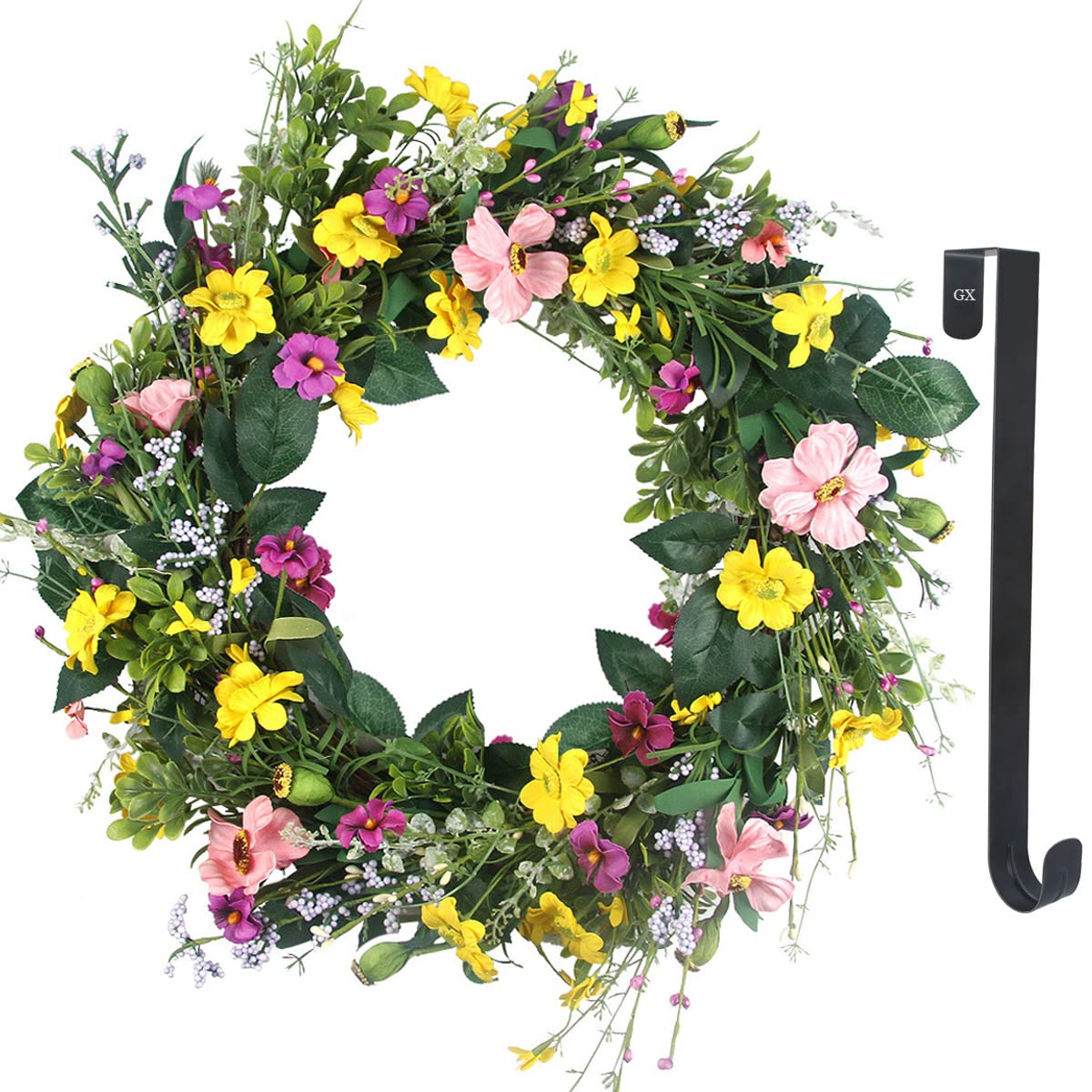 GameXcel Door Wreath for Spring - 20In Daisy Summer Front Door Wreath Artificial Floral Wreaths with 15Inch Black Wreaths Hanger Natural Flower Wreath Home Decor for Window, Outdoor, Holidays