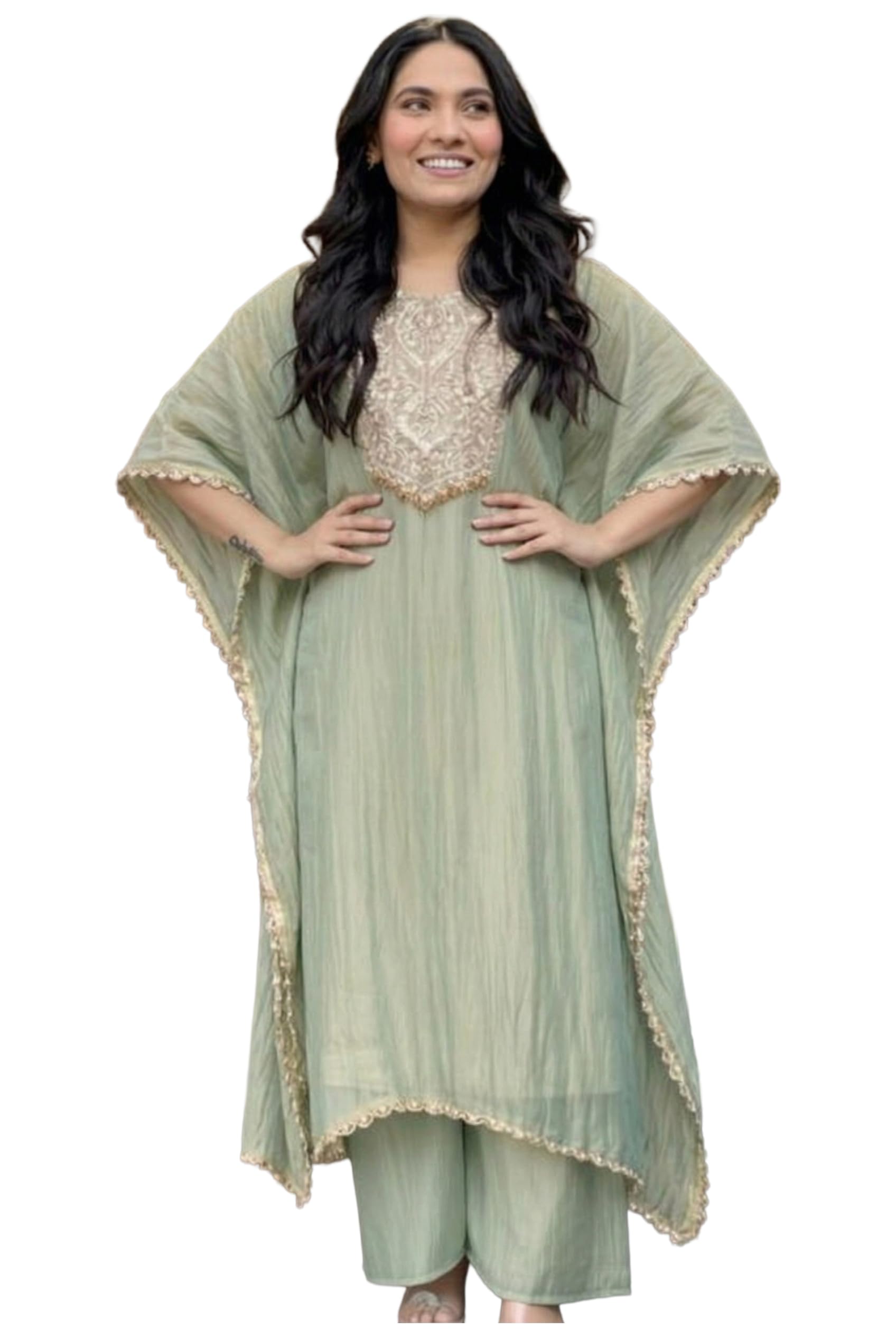 gosriki Fendy Glass Embroidered A-Line Kurta with Palazzo for Women | Fendy Glass Grey | Kaftan Sleeve | Round Neck | Ethnic Wear Casual Wear-picture-3