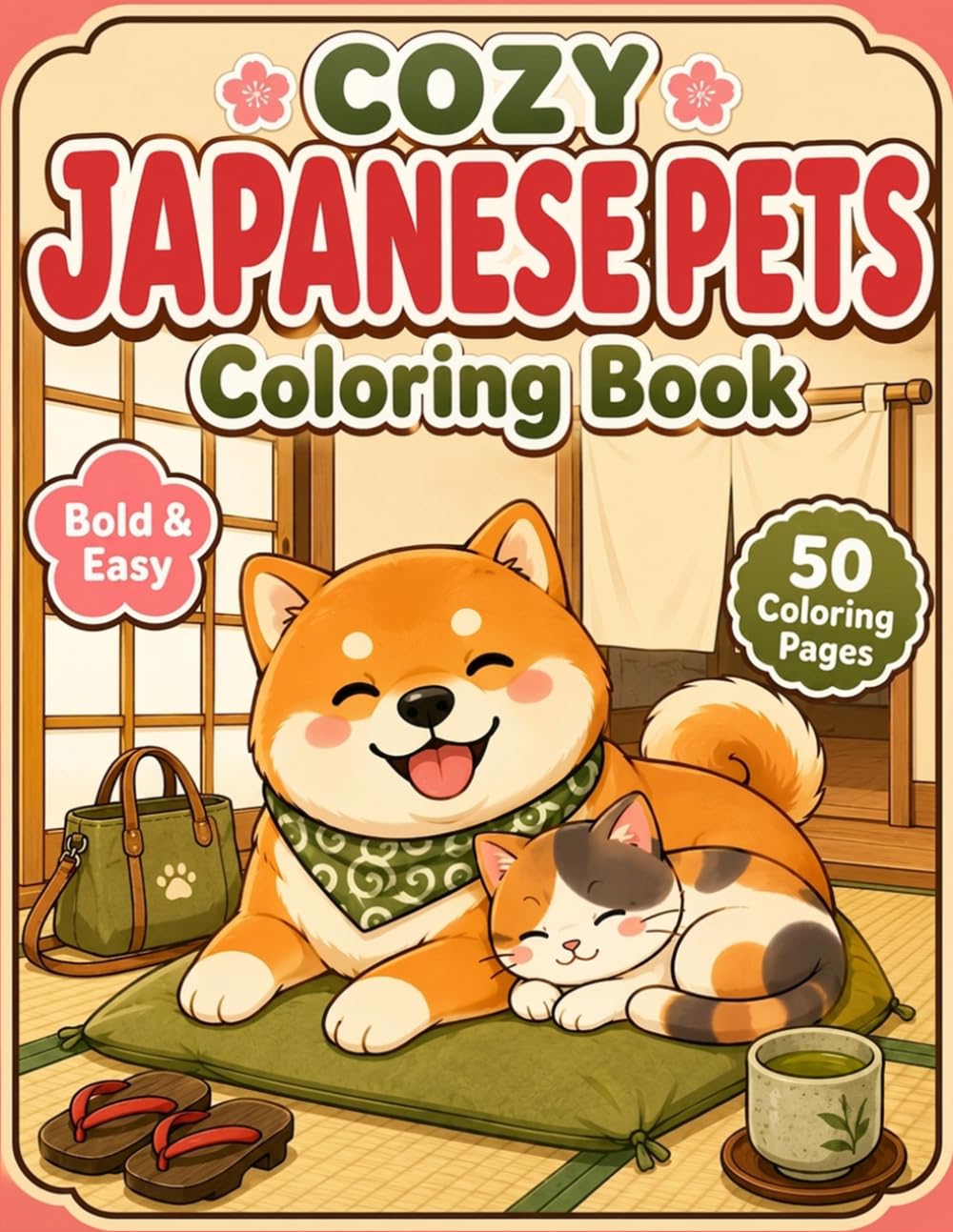 Cozy Japanese Pets Coloring Book: Bold and Easy Cute Animal Scenes with Shiba Inu, Cats and Cozy Japanese Rooms for Adults, Teens and Kids