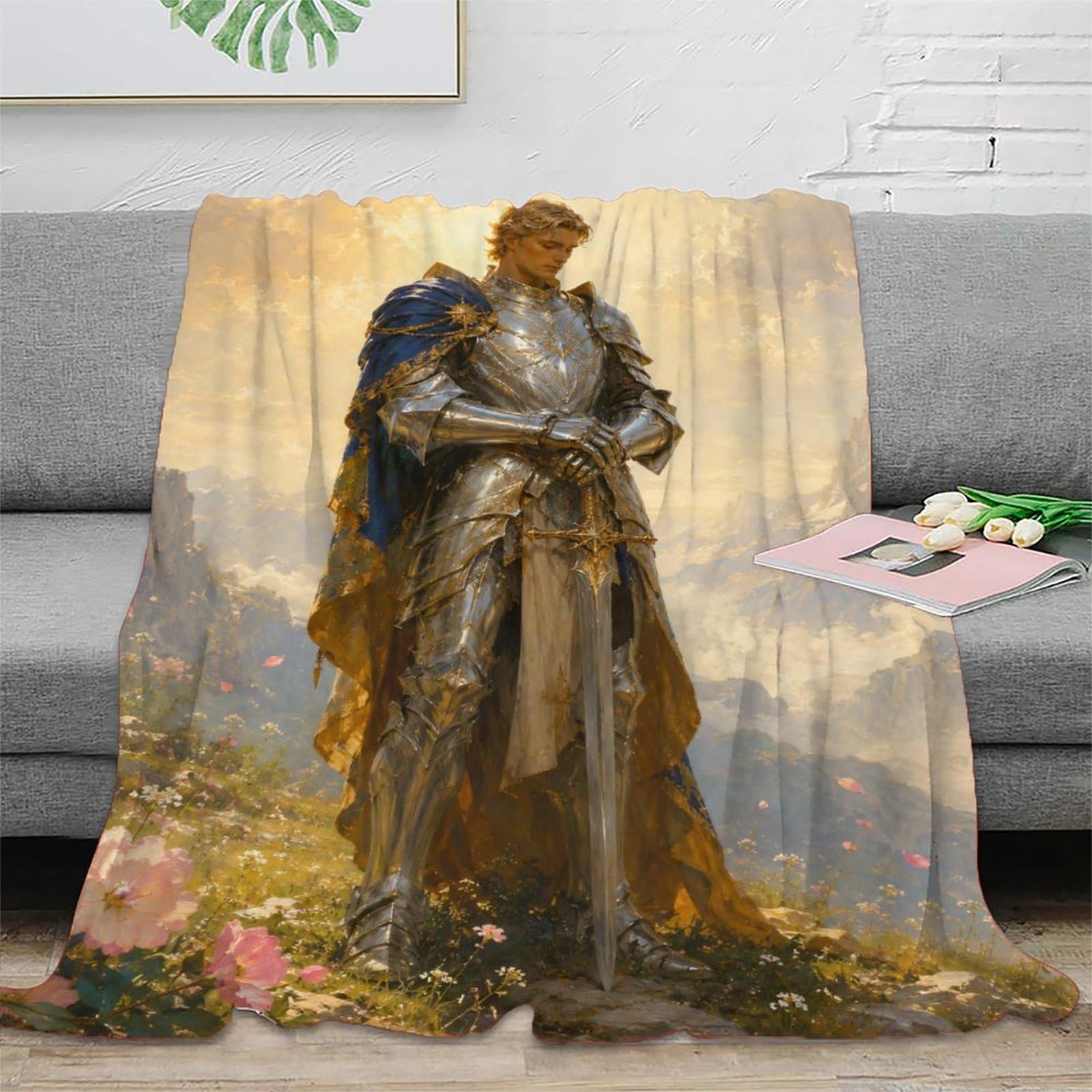 W7C8U2X3 Medieval Golden Knight Mountain Blanket, Flannel, Reading