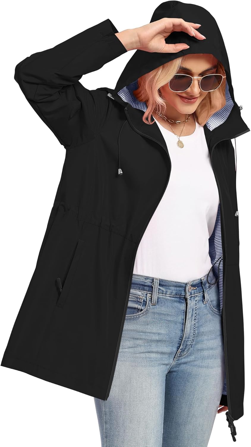 TCOT Rain Jacket Women Lined Raincoat Waterproof Windbreaker Jackets Hooded Raincoats Long Trench Coat - Image 2