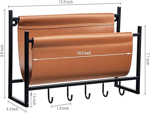 Miniatura 5 de MyGift Revistero industrial de metal negro mate con 5 ganchos para llaves con eslinga de piel sintética marrón caramelo, soporte para correo de