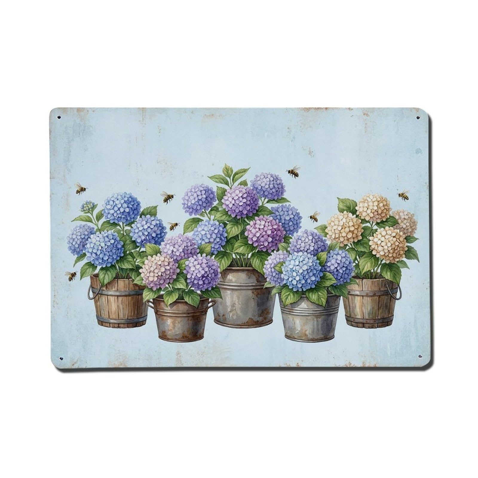 Vintage Rustic Flower Potted Plants Hydrangea Metal Tin Sign