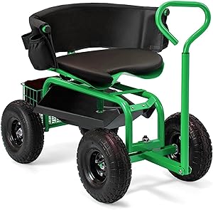 THUNDERBAY Garden Cart Rolling Workseat with Wheels, 360 Degree Swivel Seat, Wagon Scooter with Steering Handle & Utility Tool Tray for Planting, with Storage Basket and Tool Pouch, Green