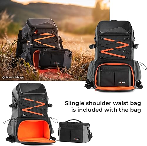 Miniatura 2 de K&F Concept Bolsa de cámara EVA impermeable 2 en 1 mochila para cámara bolsa de hombro 33L gran capacidad con cubierta de lluvia almacenamiento para