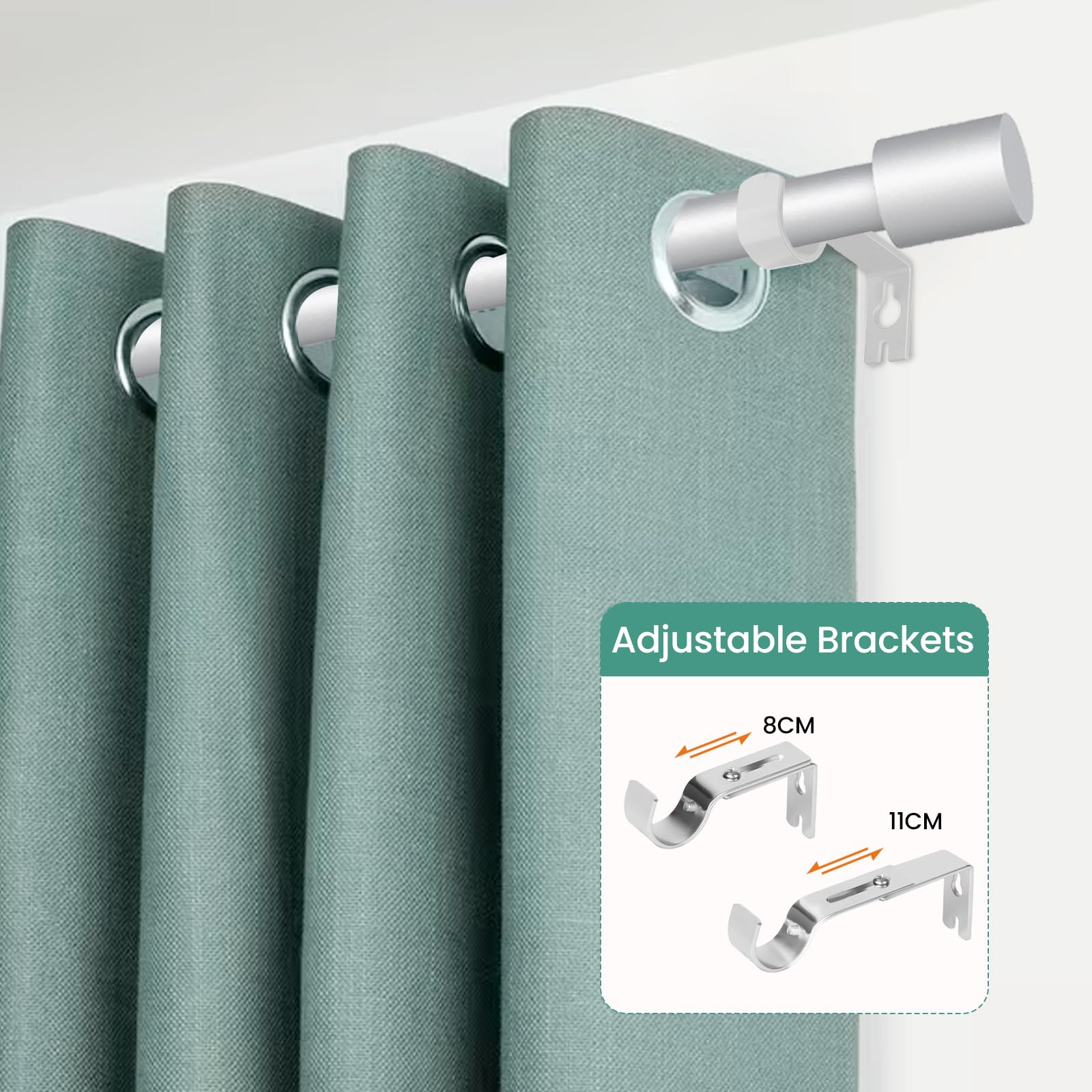 PadPure Silver Stainless Curtain Poles - 16mm Adjustable Length (70-280cm) - Image 2