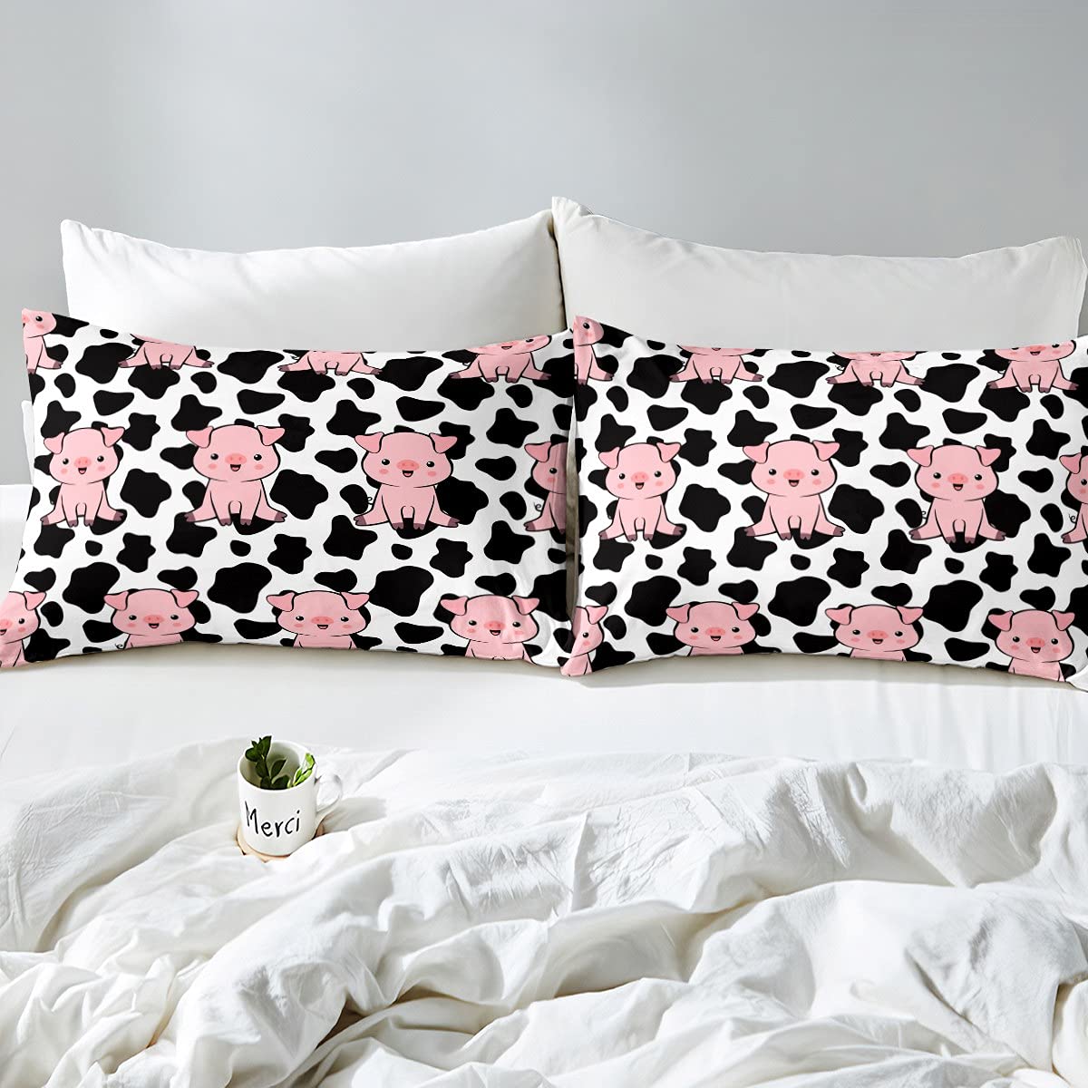Funda de edredón de cerdo rosa para niños, ropa de cama y lino de color negro, blanco y negro, juego de cama de vaca para niños y niñas, dibujos animados granja animales ropa de cama y lino ultra sua