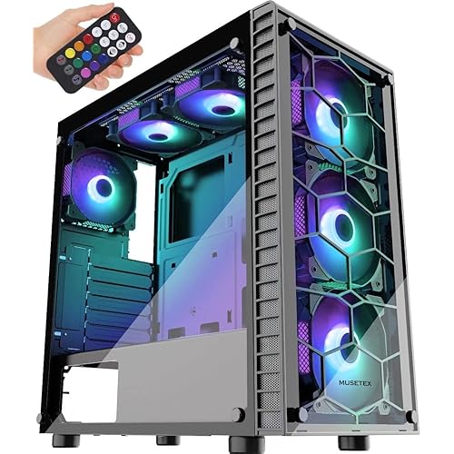 MUSETEX Black ATX Mid-Tower Case with USB 3.0 and 6pcs120mm ARGB Fans,2 Tempered Glass Panels Gaming PC Case Computer Chassis