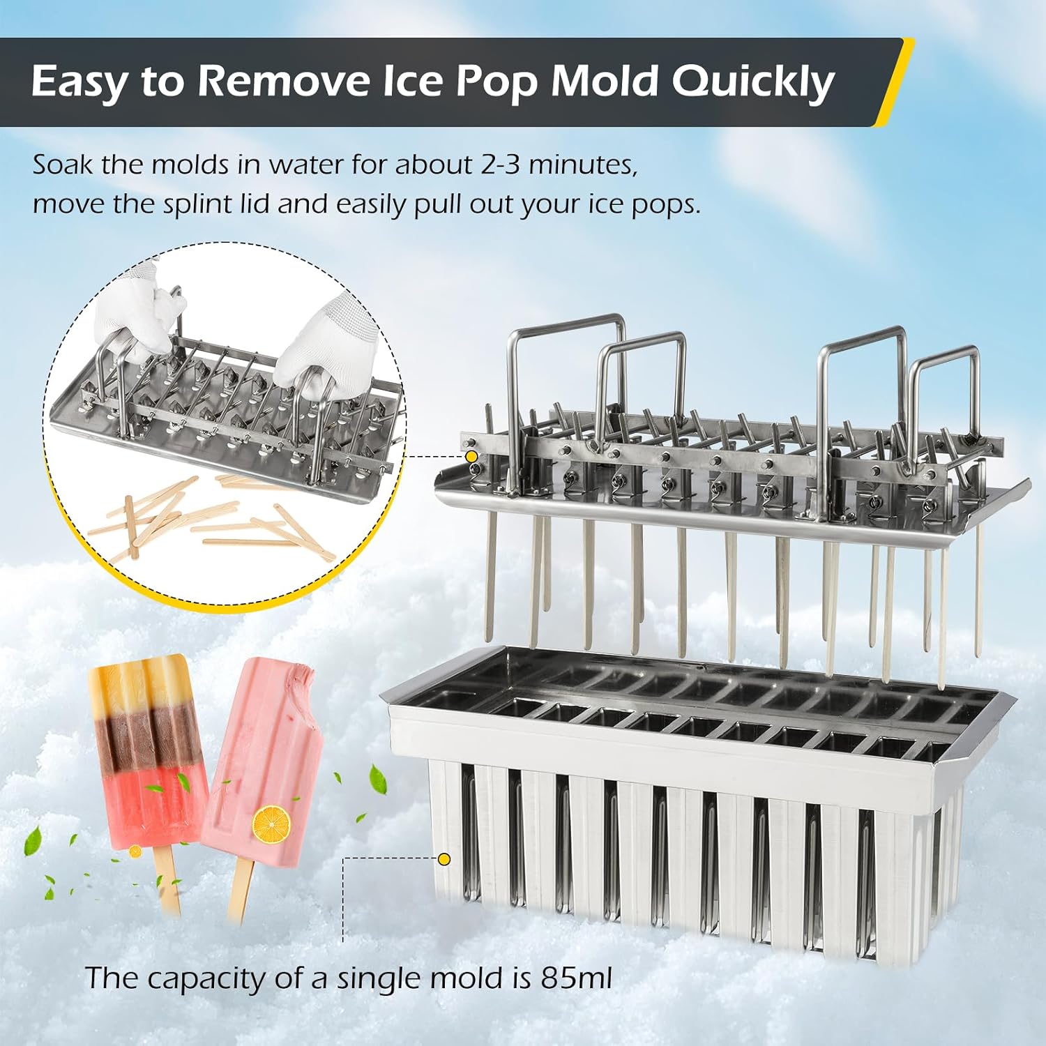 Dyna-Living Commercial Popsicle Molds 20PCS Round Heads without Slot & 20PCS Flat Heads with Double-slot