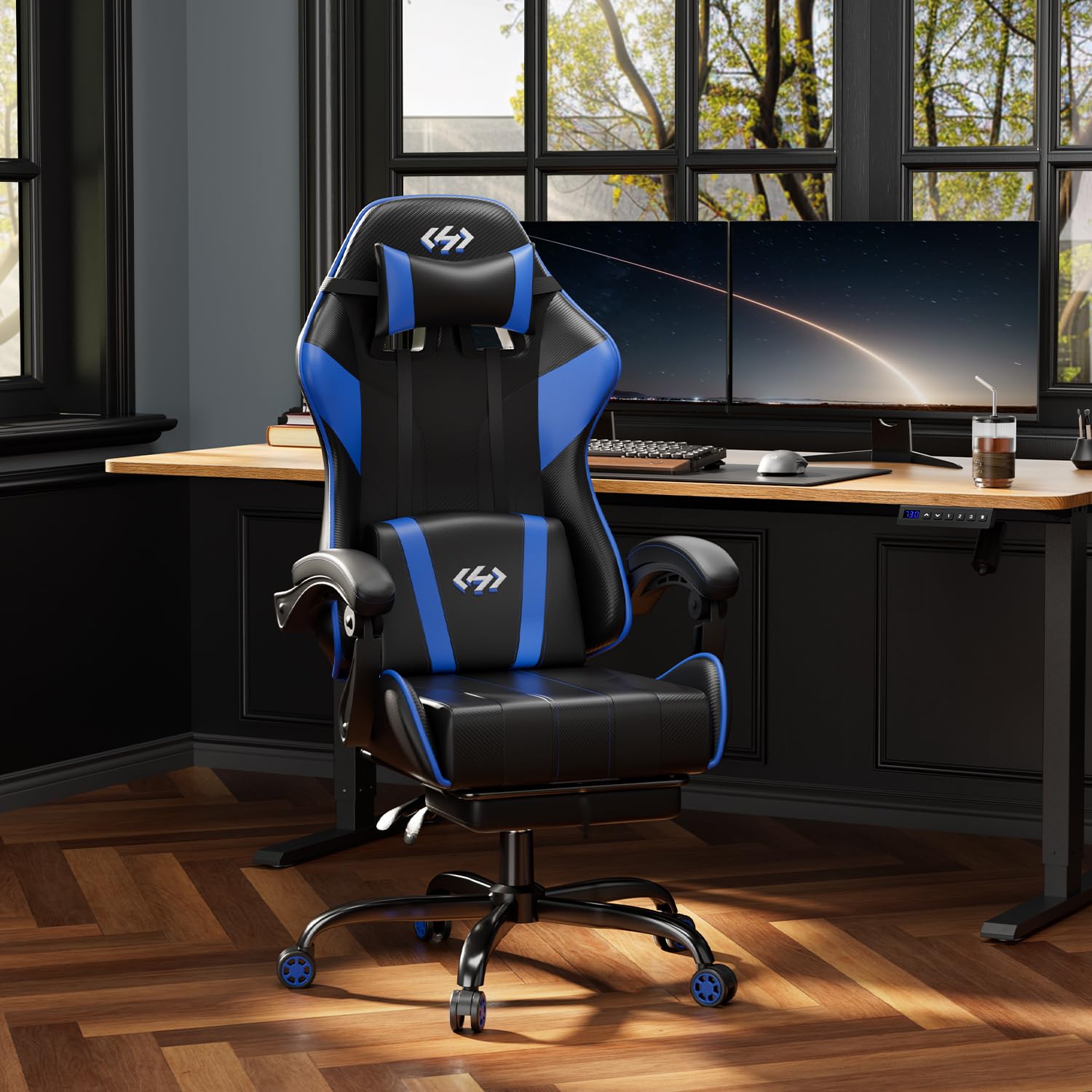 Sedia Gaming Ergonomica HLFURNIEU Con Poggiapiedi - Regolabile In Altezza, Schienale Inclinabile E Supporto Lombare - Nero/Rosso - Foto 4