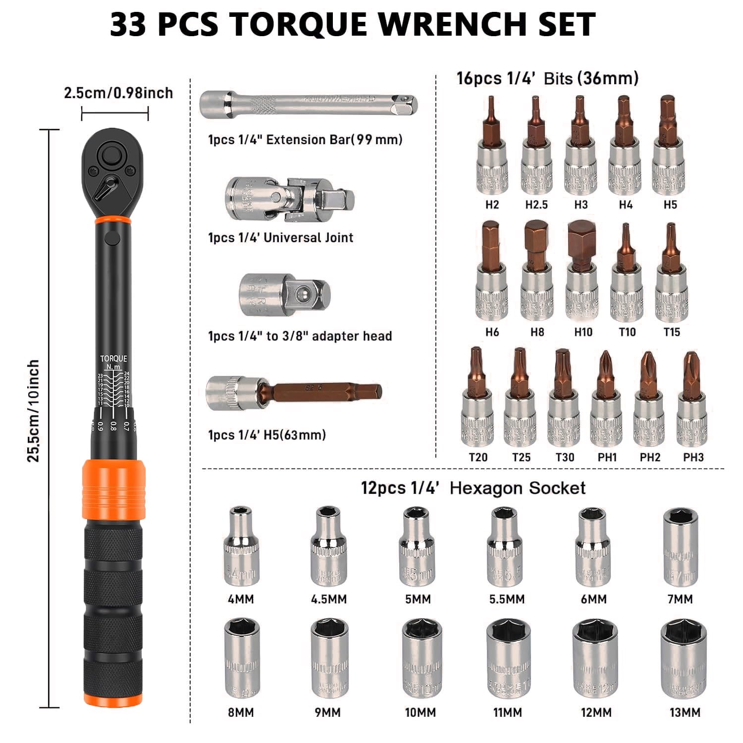 Chiave Dinamometrica 1/4" 2-24Nm Set 33 Pezzi per Bici Moto Auto, Precisione ±3%, Cacciavite Dinamometrico con Testa a Cricchetto 72 Denti - Ideale Manutenzione Meccanica