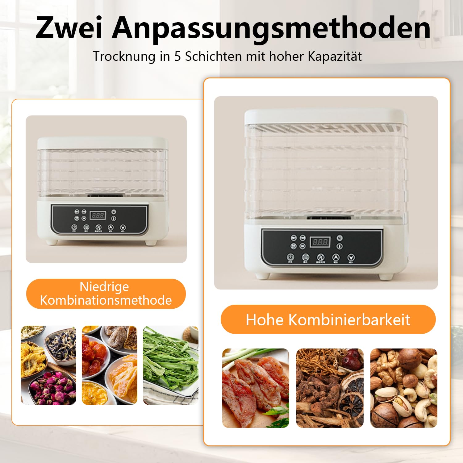 Déshydrateur automatique avec 5 compartiments, 160 W, 35-70 °C, minuterie 72 h, déshydrateur en acier inoxydable pour viande, fruits, légumes, aliments, champignons, fruits, déshydrateur