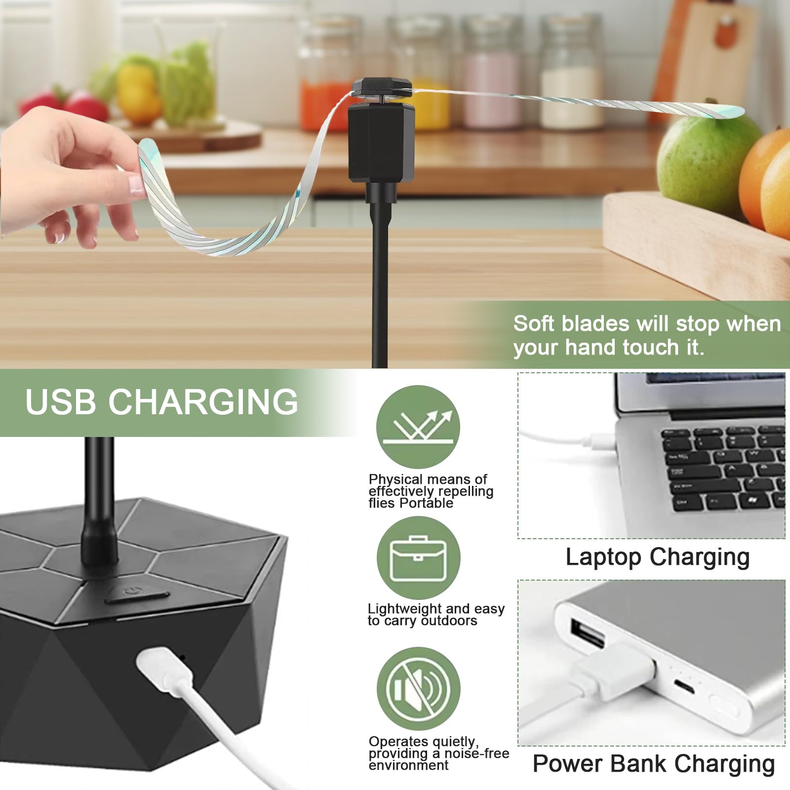 Wedler, ochrona przed muchami na stół, taras i do restauracji, przenośny odstraszacz much, wentylator odstraszający muchy (1, ładowanie przez USB)