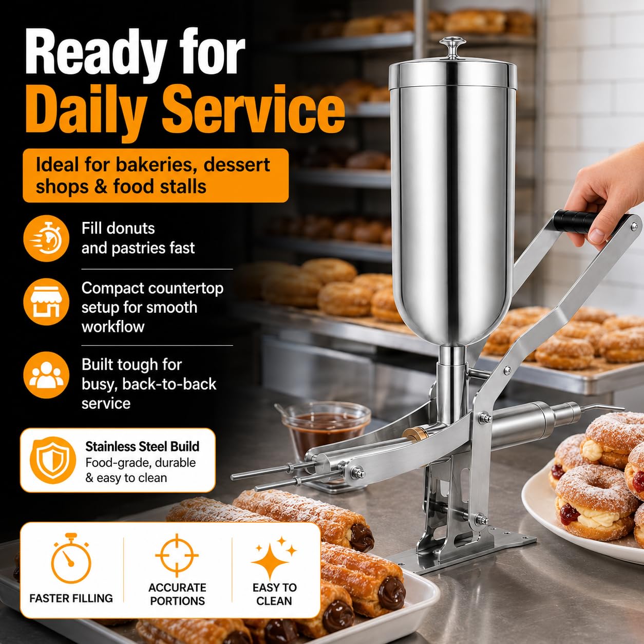 Riempitrice per ciambella commerciale, riempitrice per crema in acciaio inox da 5 litri con 4 ugelli antigoccia per panetterie e ristoranti, attrezzatura da cucina ideale