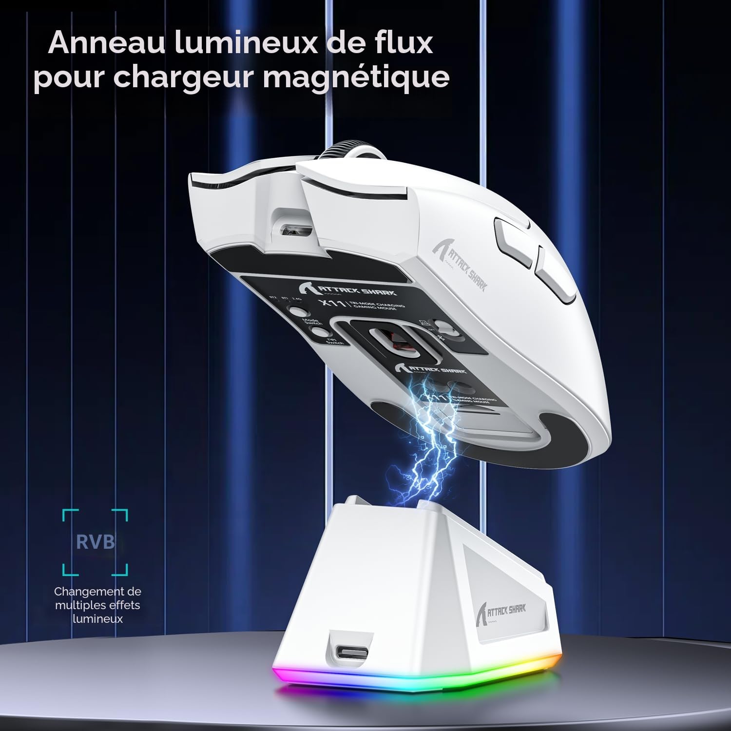 ATTACK SHARK X11 Souris de Jeu avec Station de Chargement magnétique, capteur de Jeu PixArt PAW3311, Souris de Jeu sans Fil/Filaire BT/2,4 G, 22 000 DPI, Souris de Bureau pour Win11/Xbox/PS/Mac Blanc