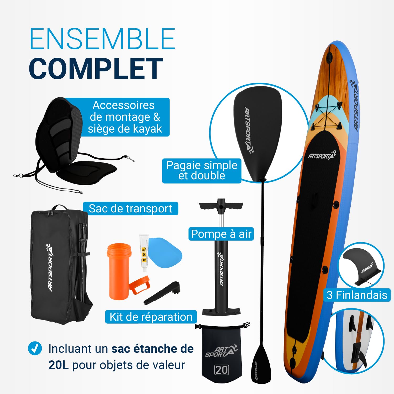 ArtSport Planche Paddle Gonflable 320 cm avec Siège Kayak, Support Caméra Action, Capacité 150 kg