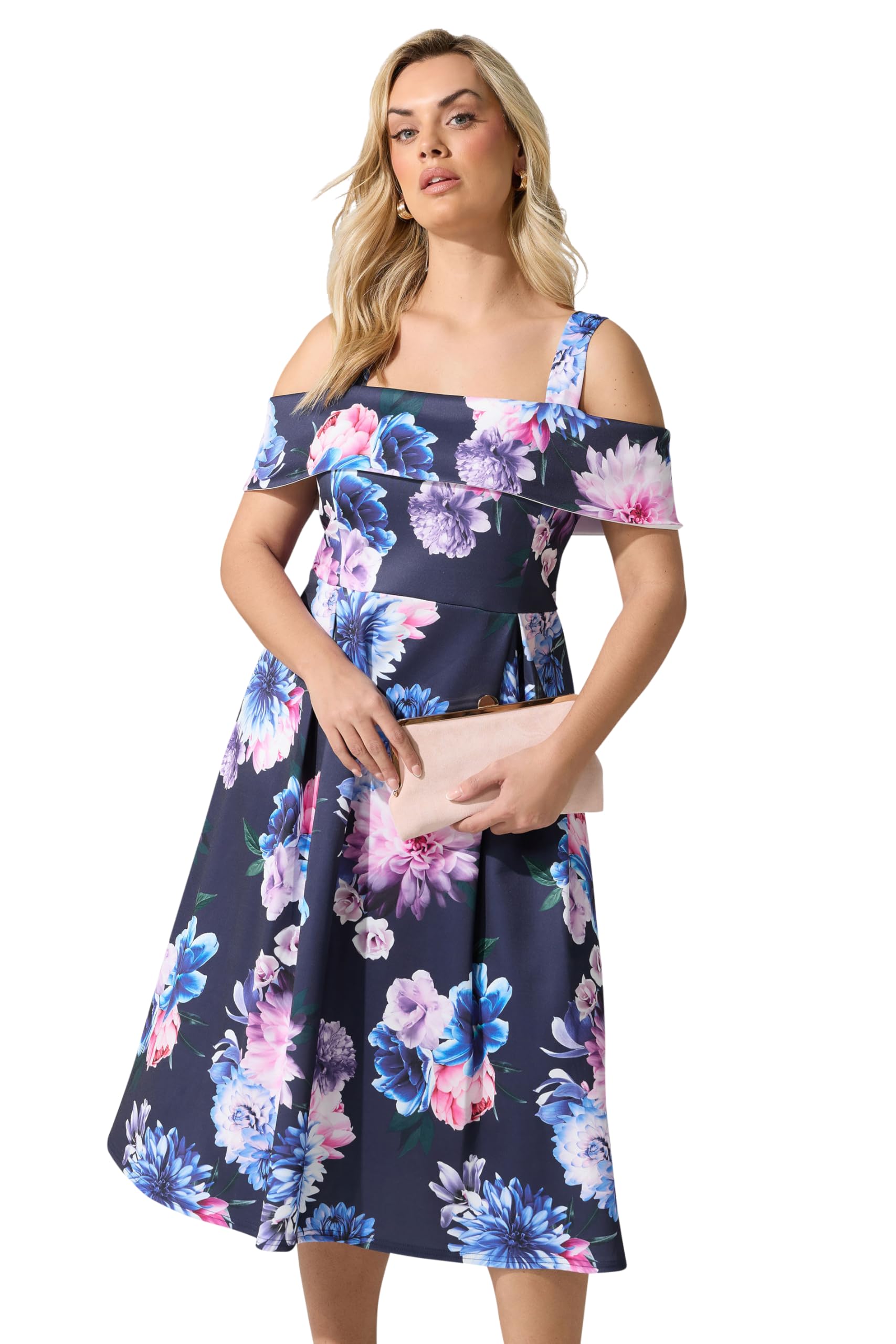 Yours Women's Dark Navy Cold Shoulder Floral Skater Dress In | : Size 14
