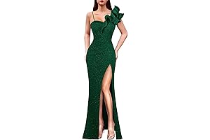 Elegant Sparkly Emerald Green Prom Dress One Shoulder Ruffle Split Maxi Gown