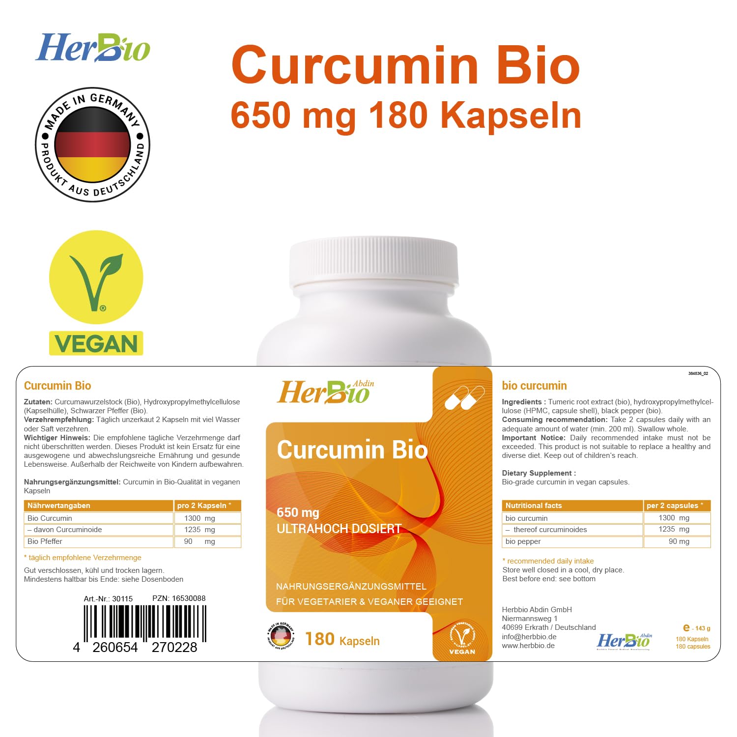 Bio Curcumin Kapseln 617 mg Curcuminoide pro Kapsel entspricht 20000 mg Kurkumapulver mit Bio Schwarzem Pfeffer 180 vegane Kapseln Made in Germany