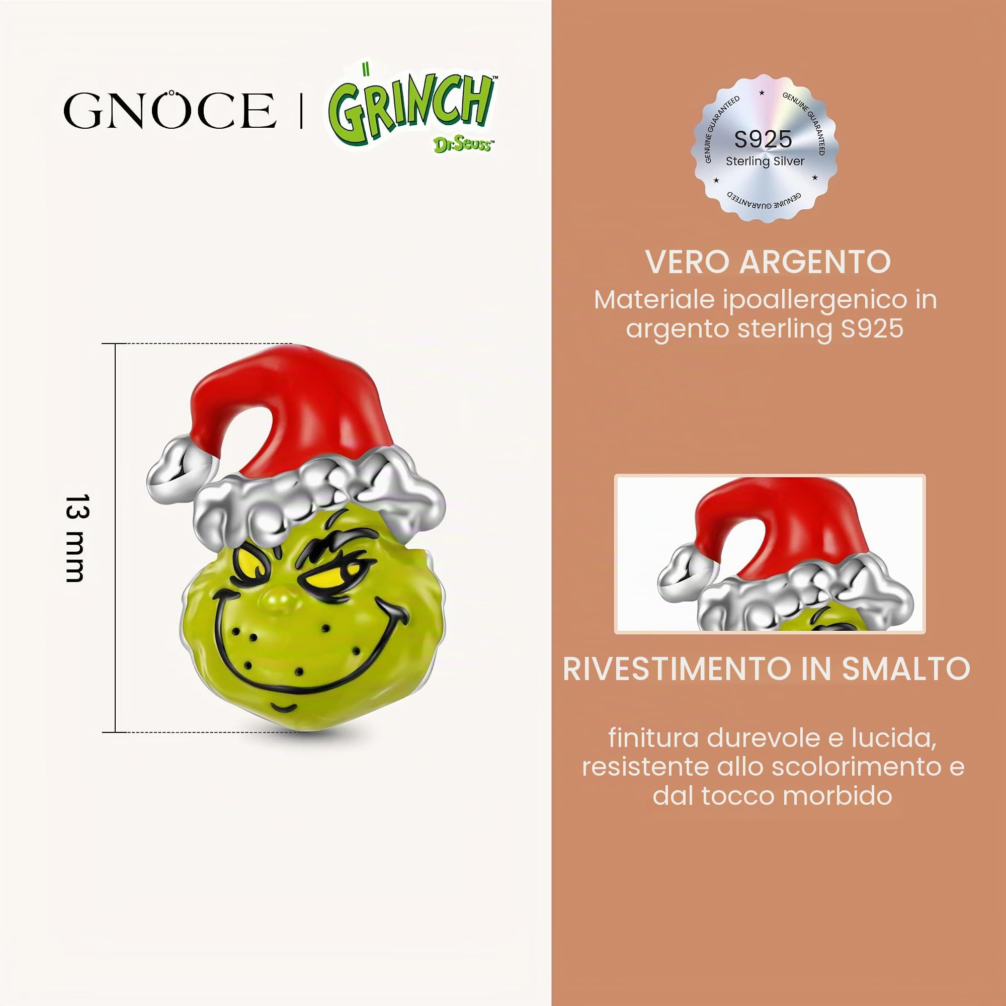 GNOCE Ciondolo a Forma Di Palla Di Natale Grinch In Argento Sterling 925 Per Donne e Ragazze Regalo Di Gioielli