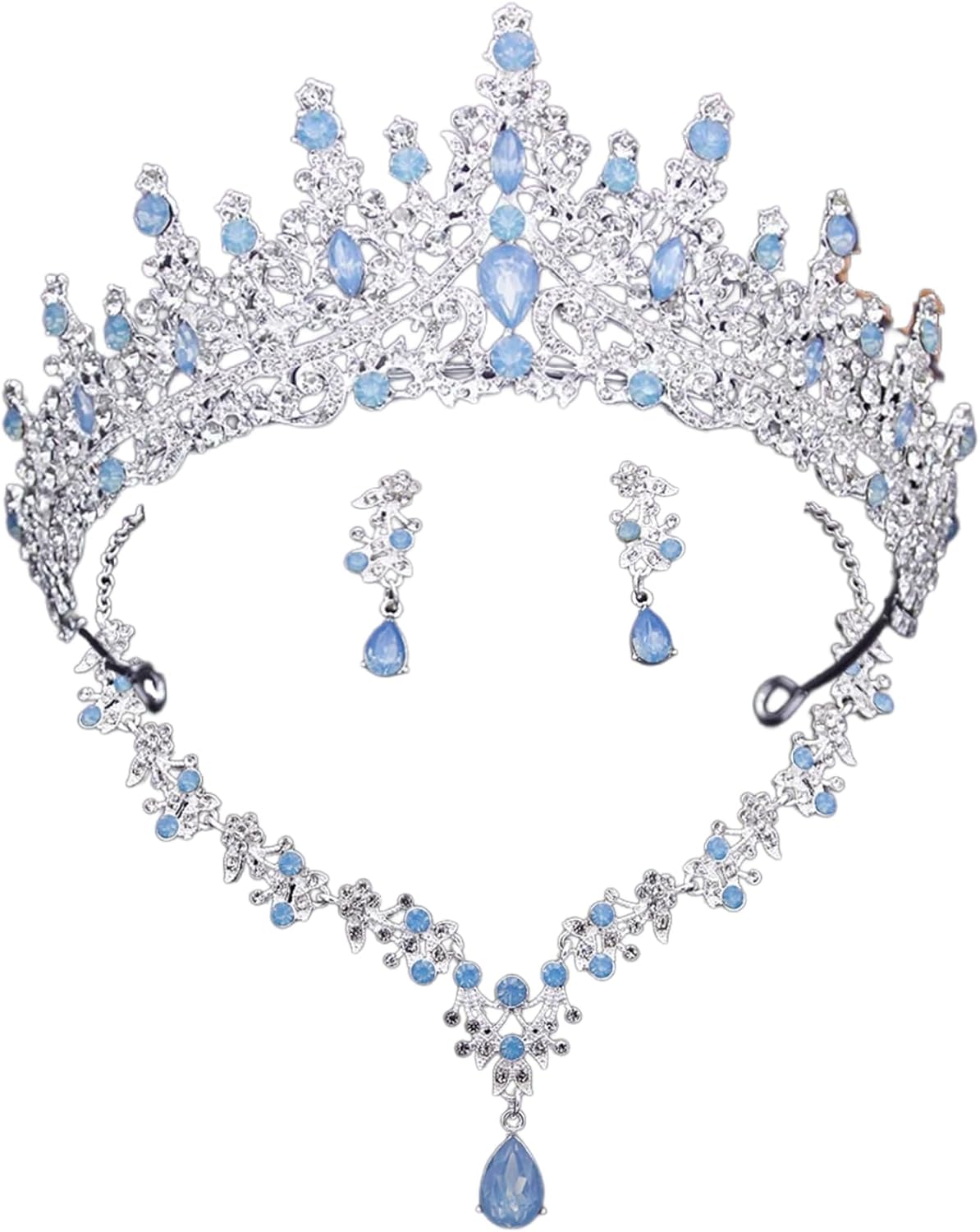Silver Light Blue Opal Bridal Tiara Jewelry Set with Necklace & Earrings in Luxury Gift Box – Elegant Crown for Weddings, Prom & Graduation