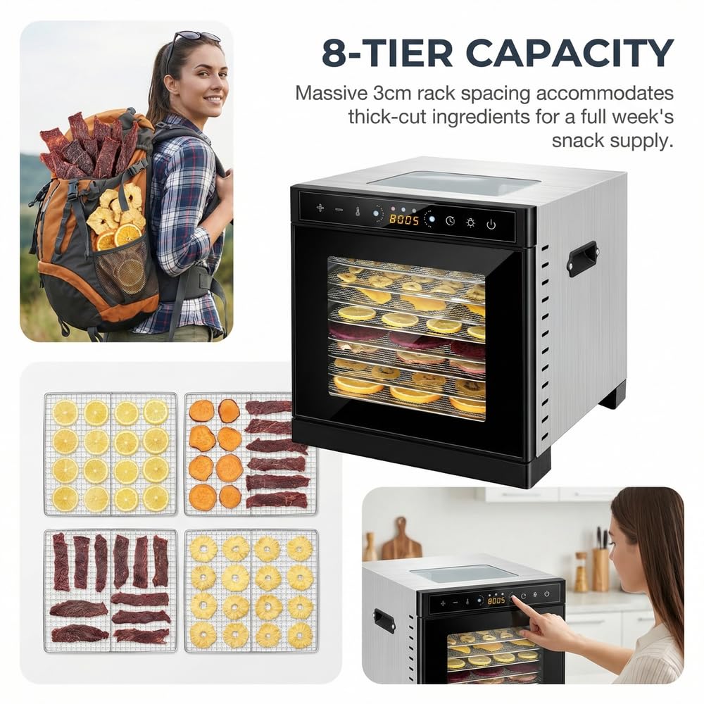 Deshidratador de alimentos con 6 bandejas espacio de secado de 3.6ft²Bandejas de acero inoxidable de 400W Secado rápido(86°F-194°F) Ideal para cecina,golosinas para perros,hierbas,carne,frutas