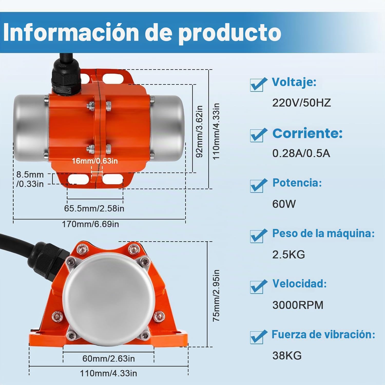 MXBAOHENG 60W Motor eléctrico de vibración fuerza de vibración ajustable, 38 kg Motores vibrantes con enchufes EU y transmisiones para mesa vibratoria, pantalla vibratoria, máquina de cribado de arena