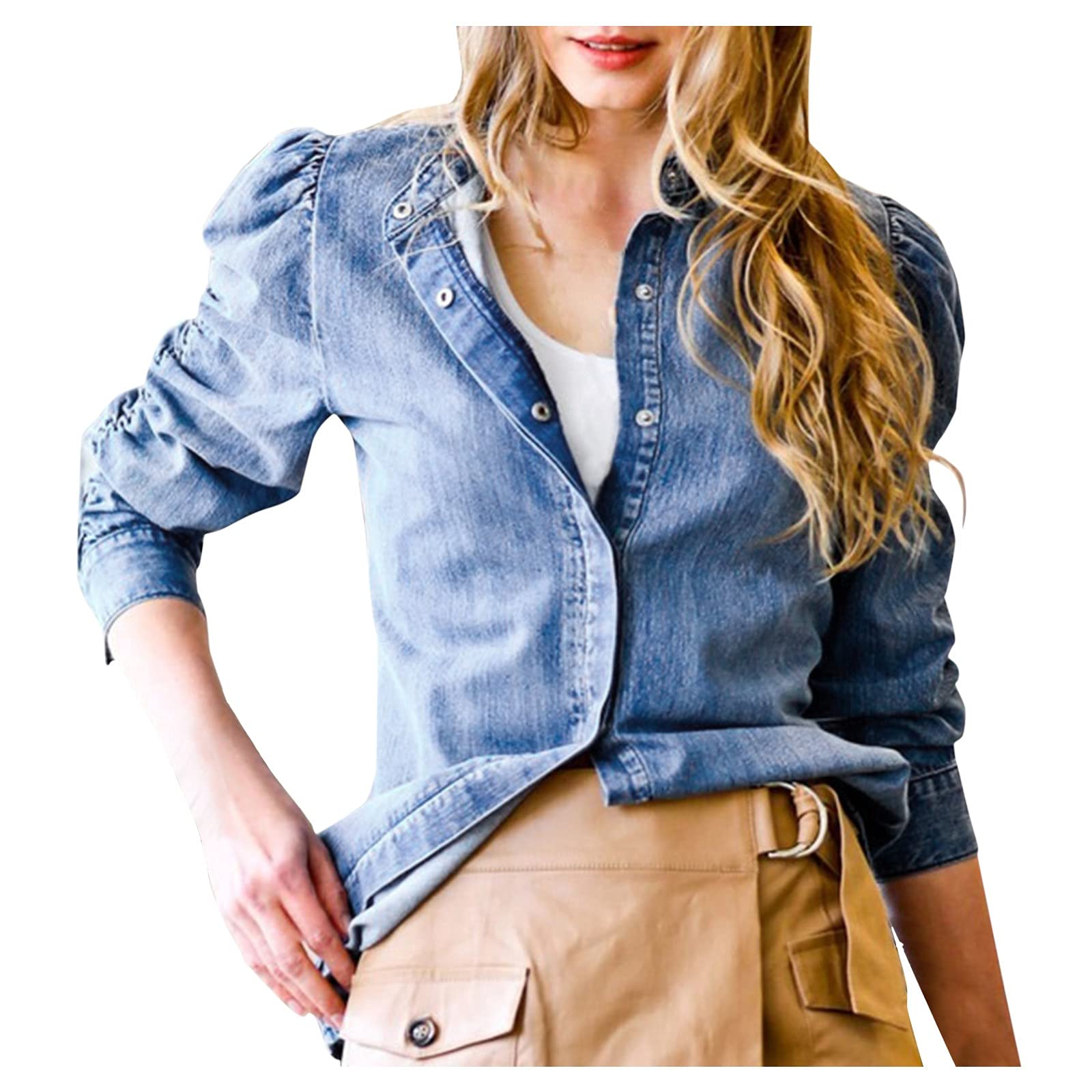Camicia da donna a maniche lunghe, blu scuro, in jeans, lunga, oversize, con bottoni, in denim, camicia vintage con scollo a V, camicia in jeans estiva e autunno