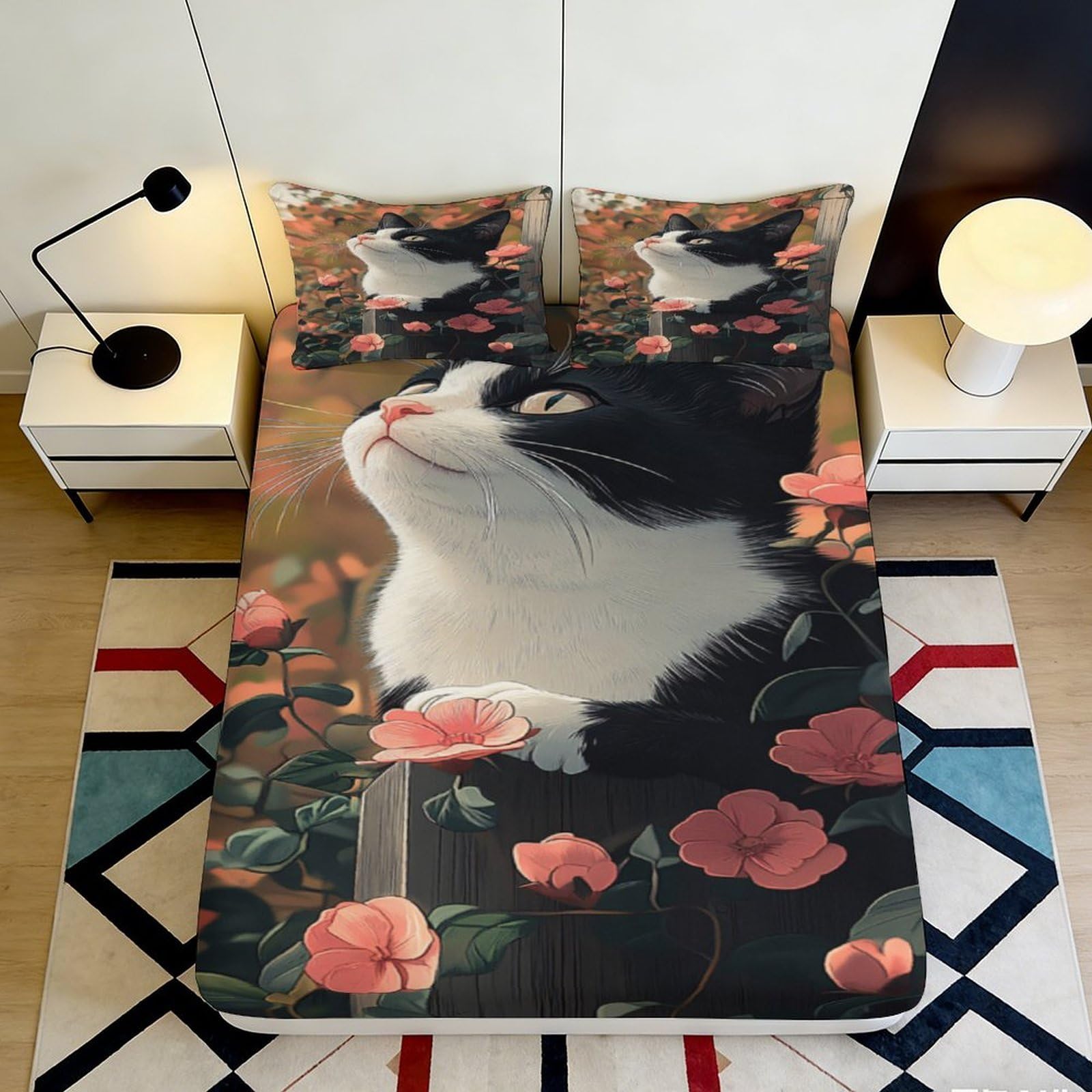 Jqzkxnhpbr Style-1 3D Printed Cat Floral Fitted Sheet Microfiber Soft Bedroom Decor Rose Pattern Mattress Cover For Adults Teens 90X200x25cm