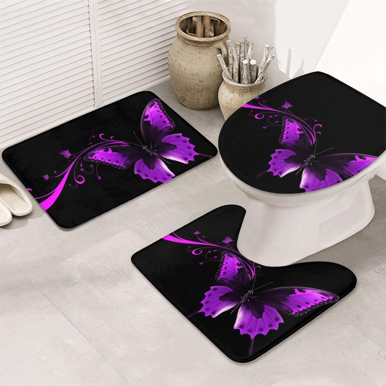 パープルとブラック バタフライ バスルームラグセット 3ピース U字型輪郭トイレマットとトイレ蓋カバー 吸収マイクロファイバープラッ