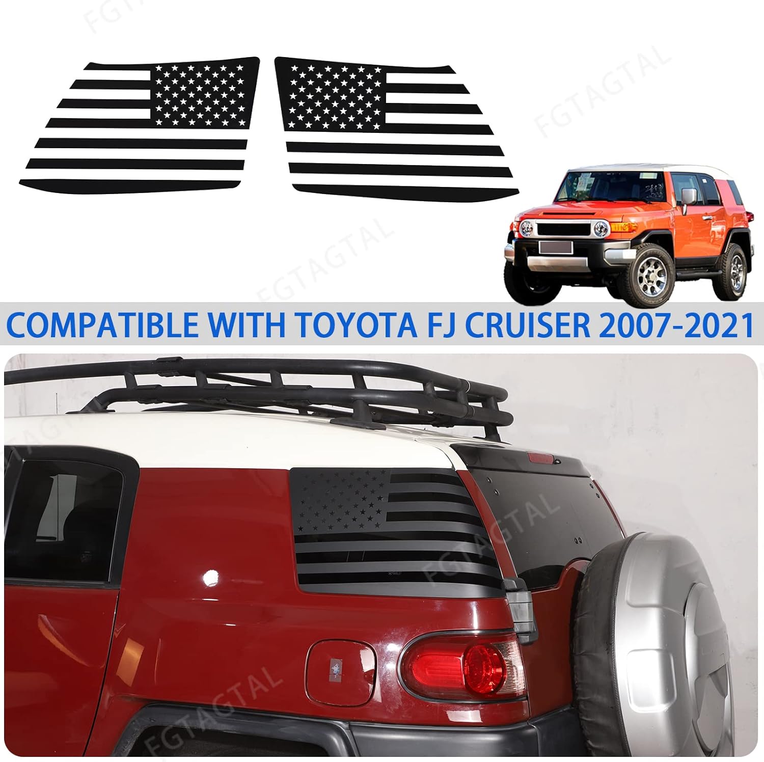 Compatible with Toyot@ FJ Cruiser 2007-2017 Tailgate Side Window American Flag Decal Sticker, Rear Side Window American Flag Trim Sticker Decal Accessories, 2PCS (Black)