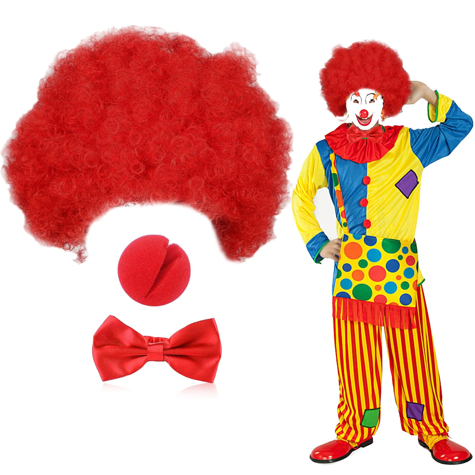 UILYNIU 3 Piezas Conjunto de Disfraz Peluca Roja Peluca Payaso Afro Hombre Mujer Pajarita Nariz Accesorios de Disfraz de Payaso para Fiesta Carnaval.