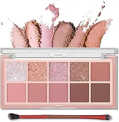 Erinde Paleta de sombras de 10 cores – Sombra fosca com glitter, maquiagem coreana de aparência natural, ultra-misturável, pigmentada, paleta de sombras de Natal rosa com pincel, rosa rosa