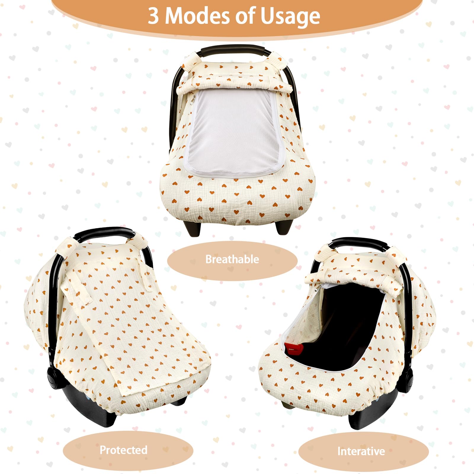 Hooyax Musselin Autositzbezug Baby, atmungsaktiver Baby-Autositzbezug für Jungen und Mädchen, leicht, universelle Passform, Babyautositzbezug, Baldachin, kleines Herz